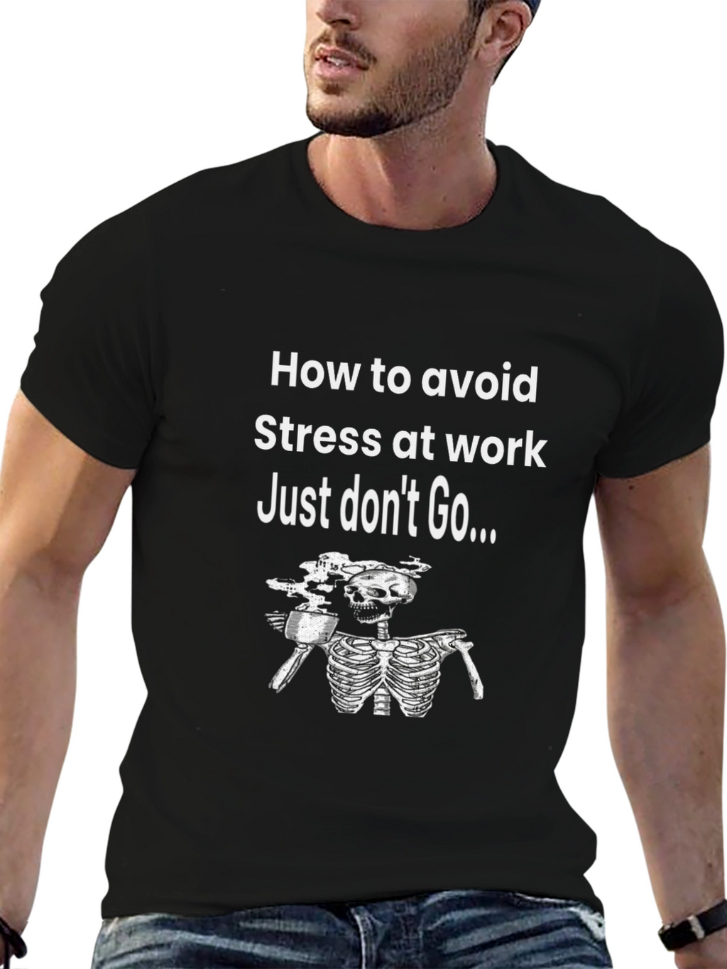 Funny Avoid Stress Skeleton Graphic T-Shirt