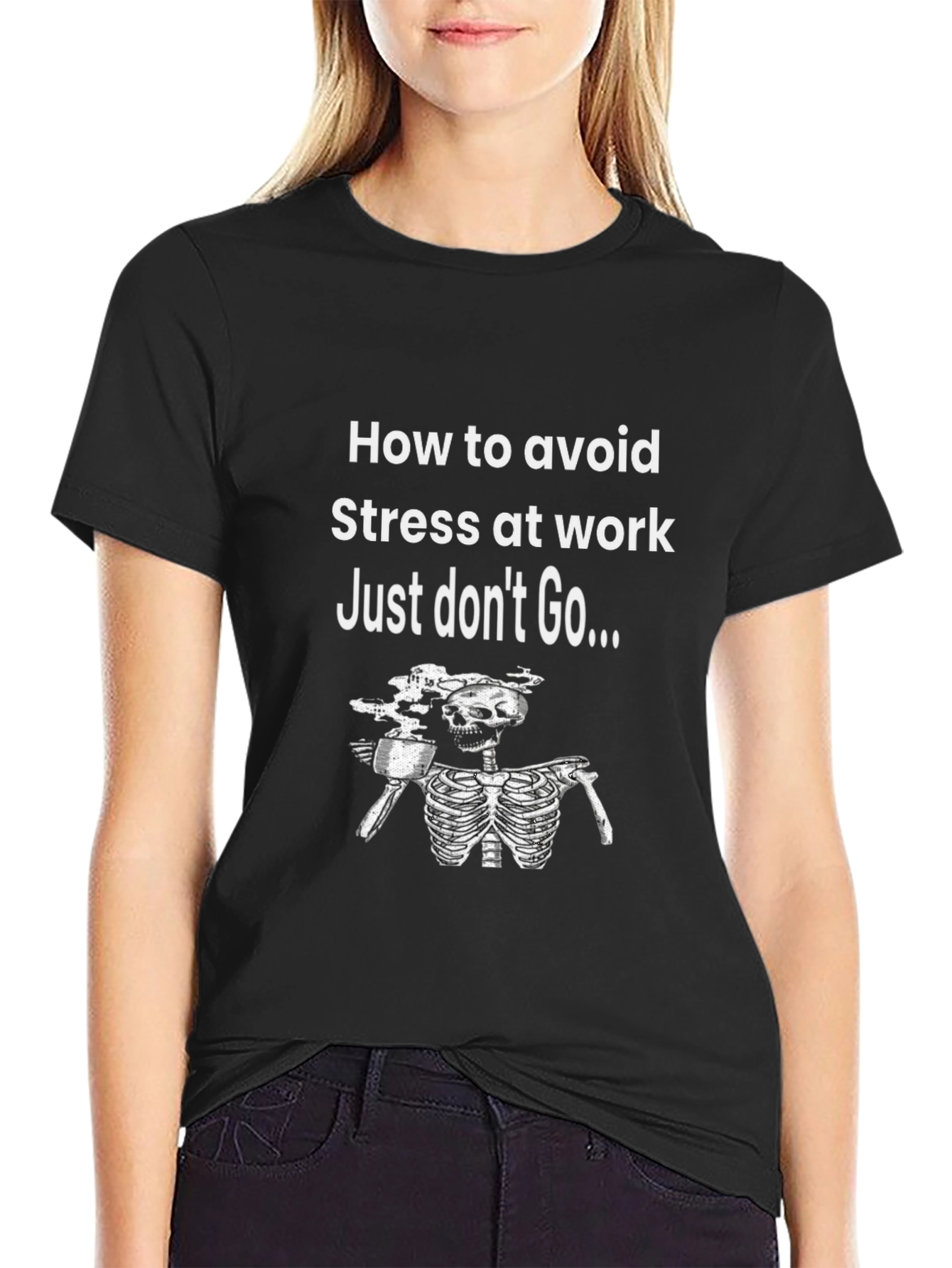 Funny Avoid Stress Skeleton Graphic T-Shirt