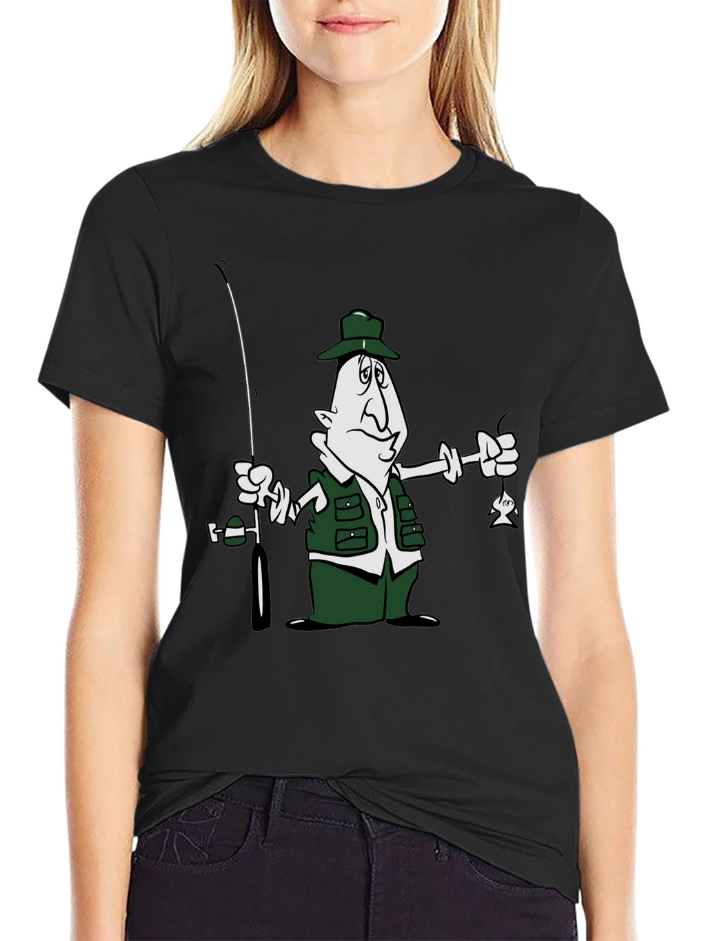 Cartoon Fisherman Black T-Shirt