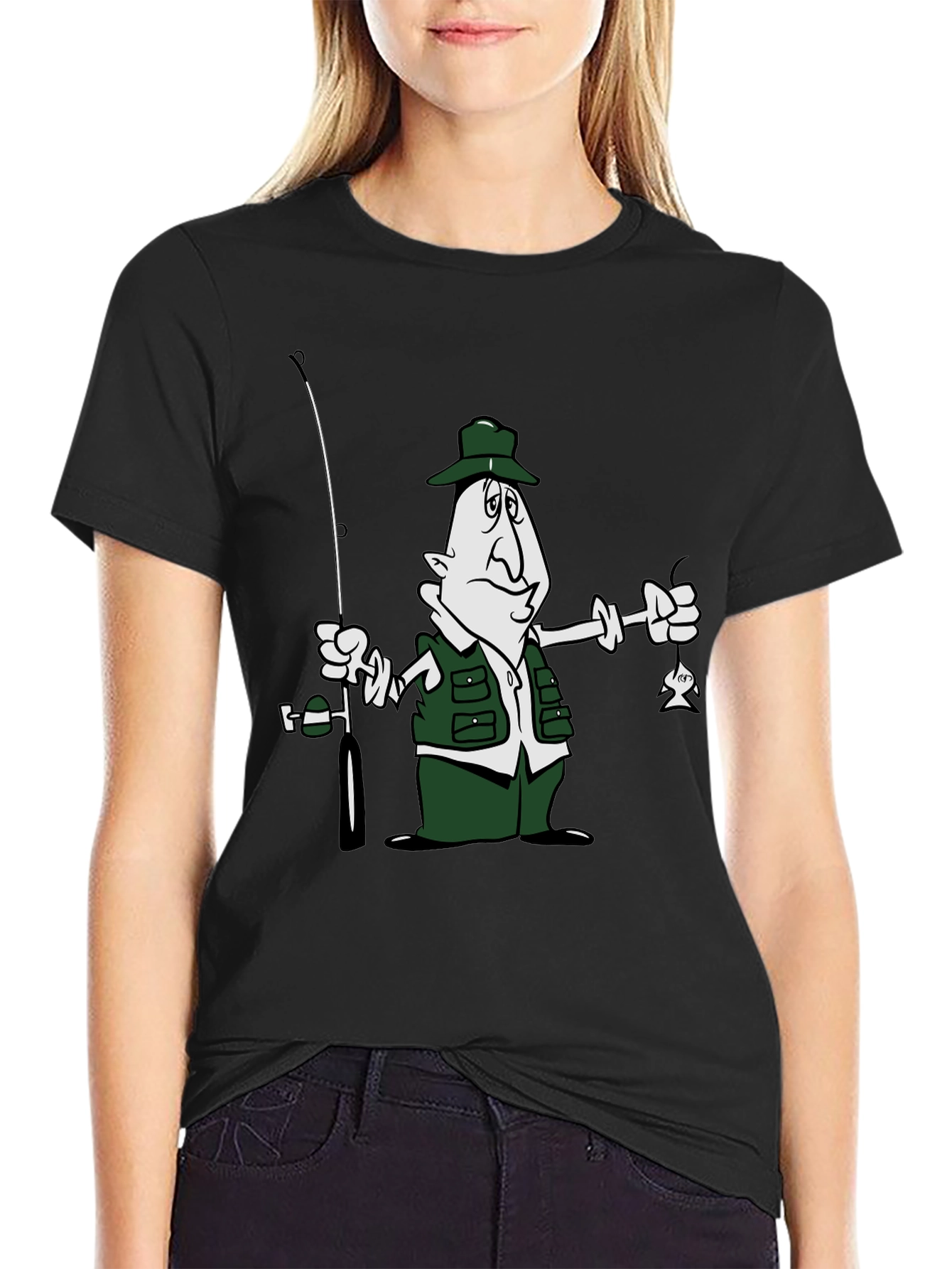 Cartoon Fisherman Black T-Shirt