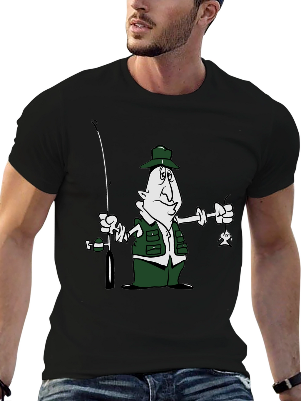 Cartoon Fisherman Black T-Shirt
