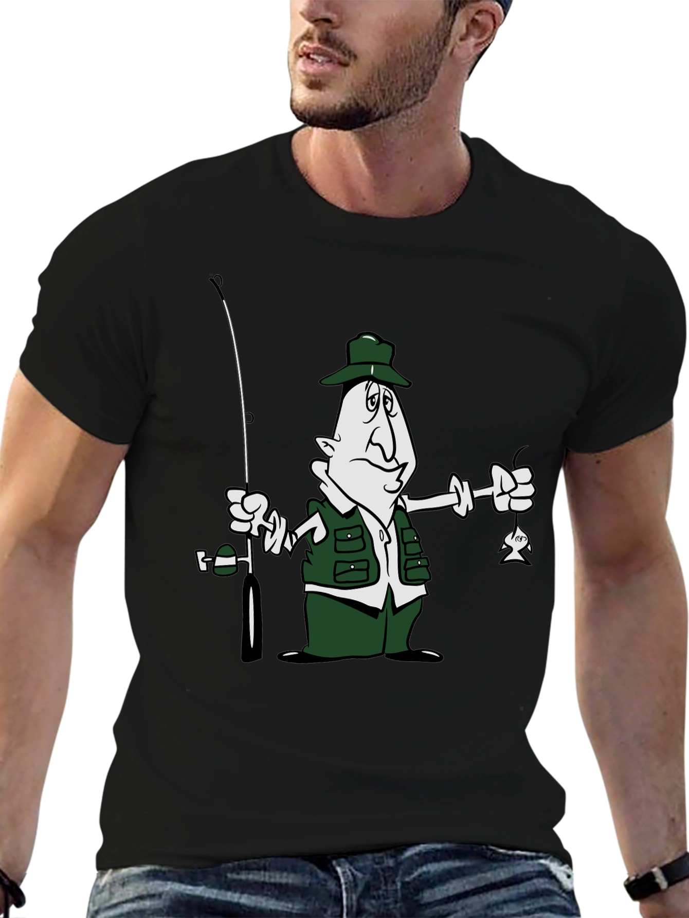 Cartoon Fisherman Black T-Shirt