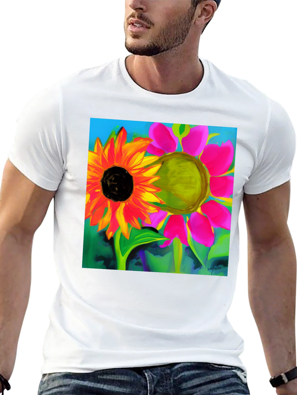 Floral Art Graphic Tee - Vivid Sunflower Design
