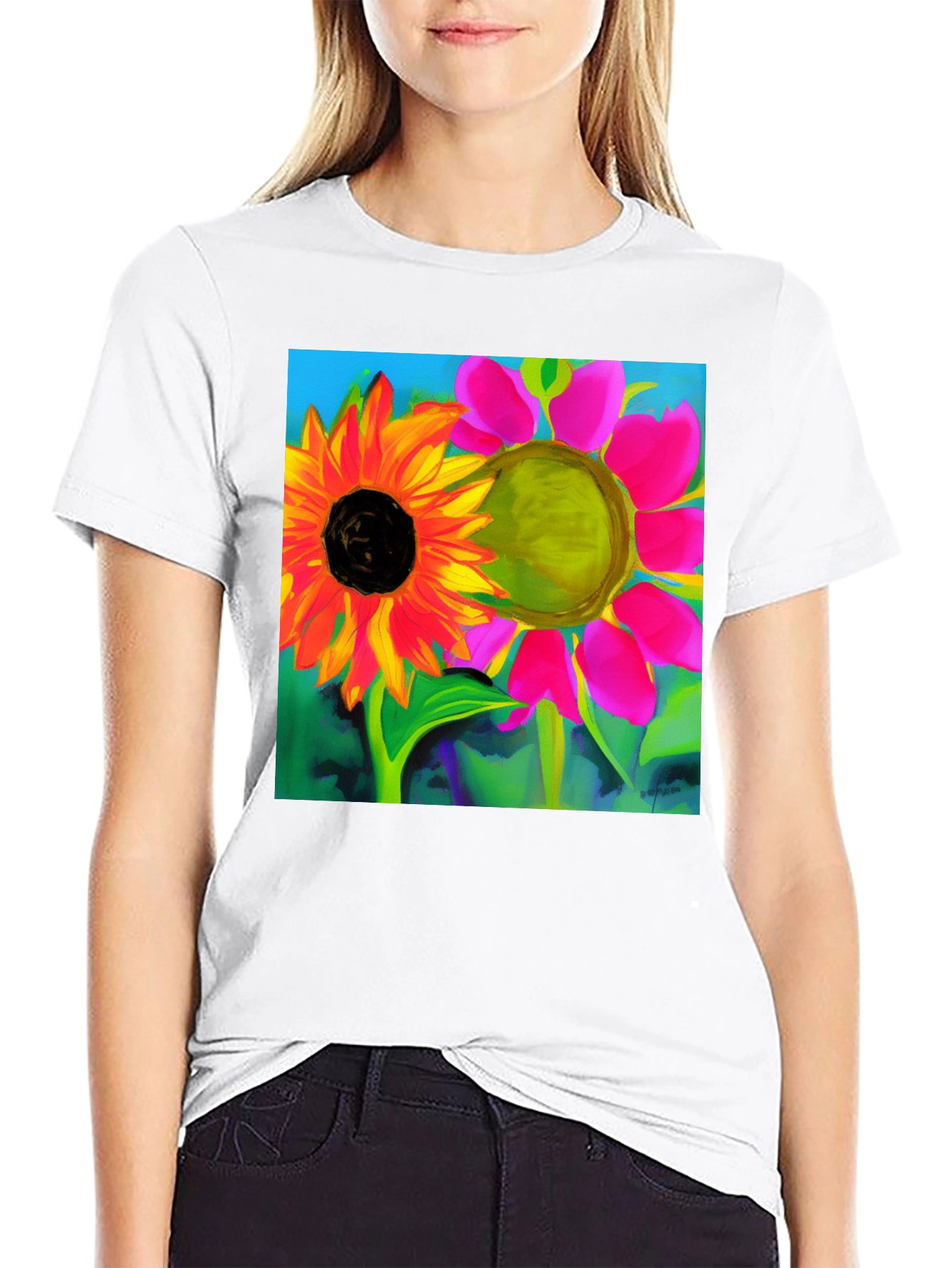 Floral Art Graphic Tee - Vivid Sunflower Design