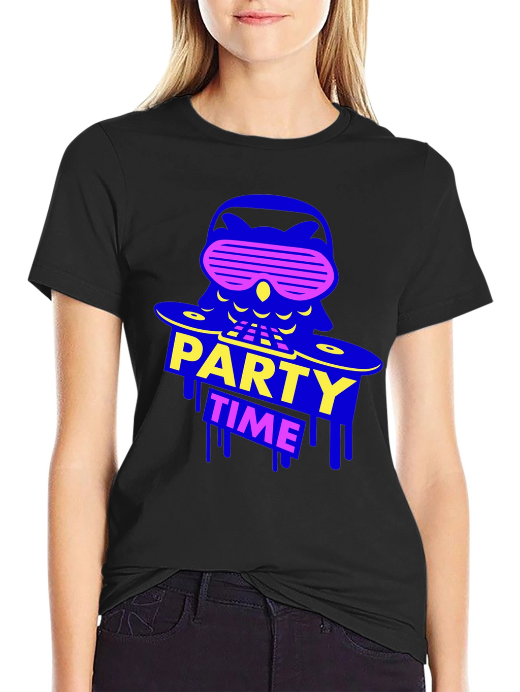 Party Time Owl Graphic Tee - Black Crew Neck