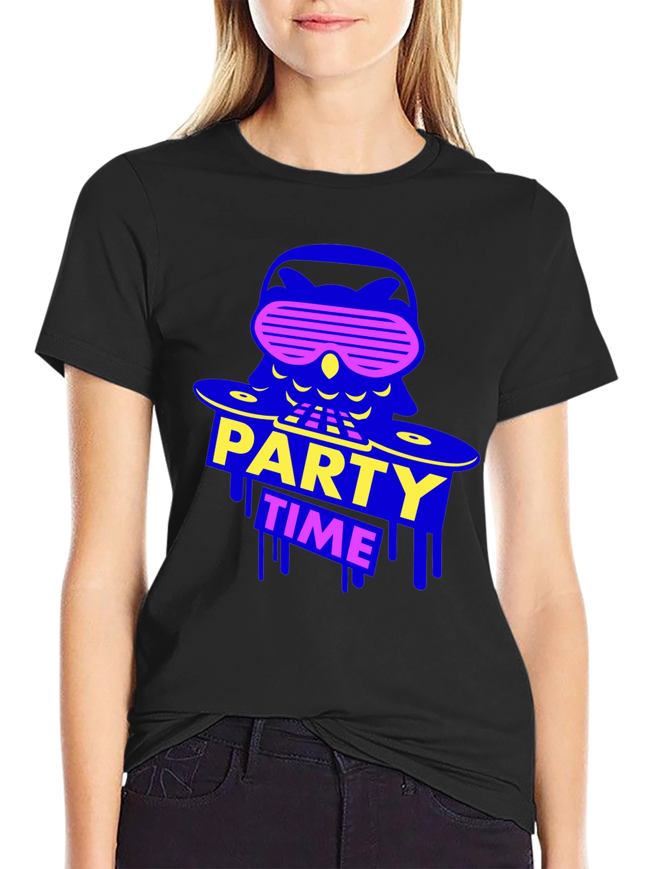 Party Time Owl Graphic Tee - Black Crew Neck