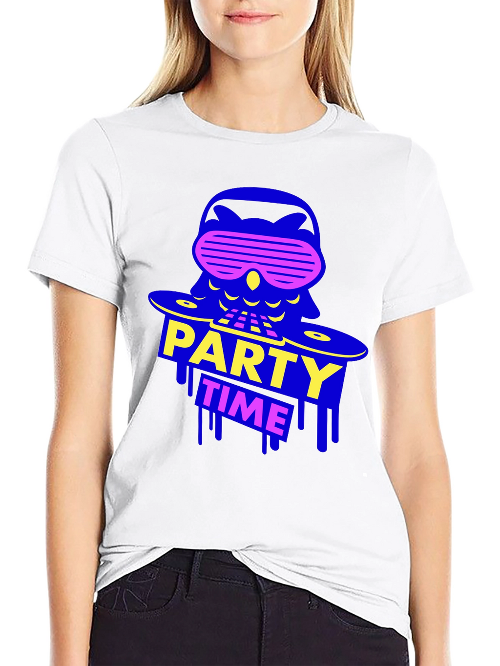 Party Time Owl Graphic Tee - Black Crew Neck