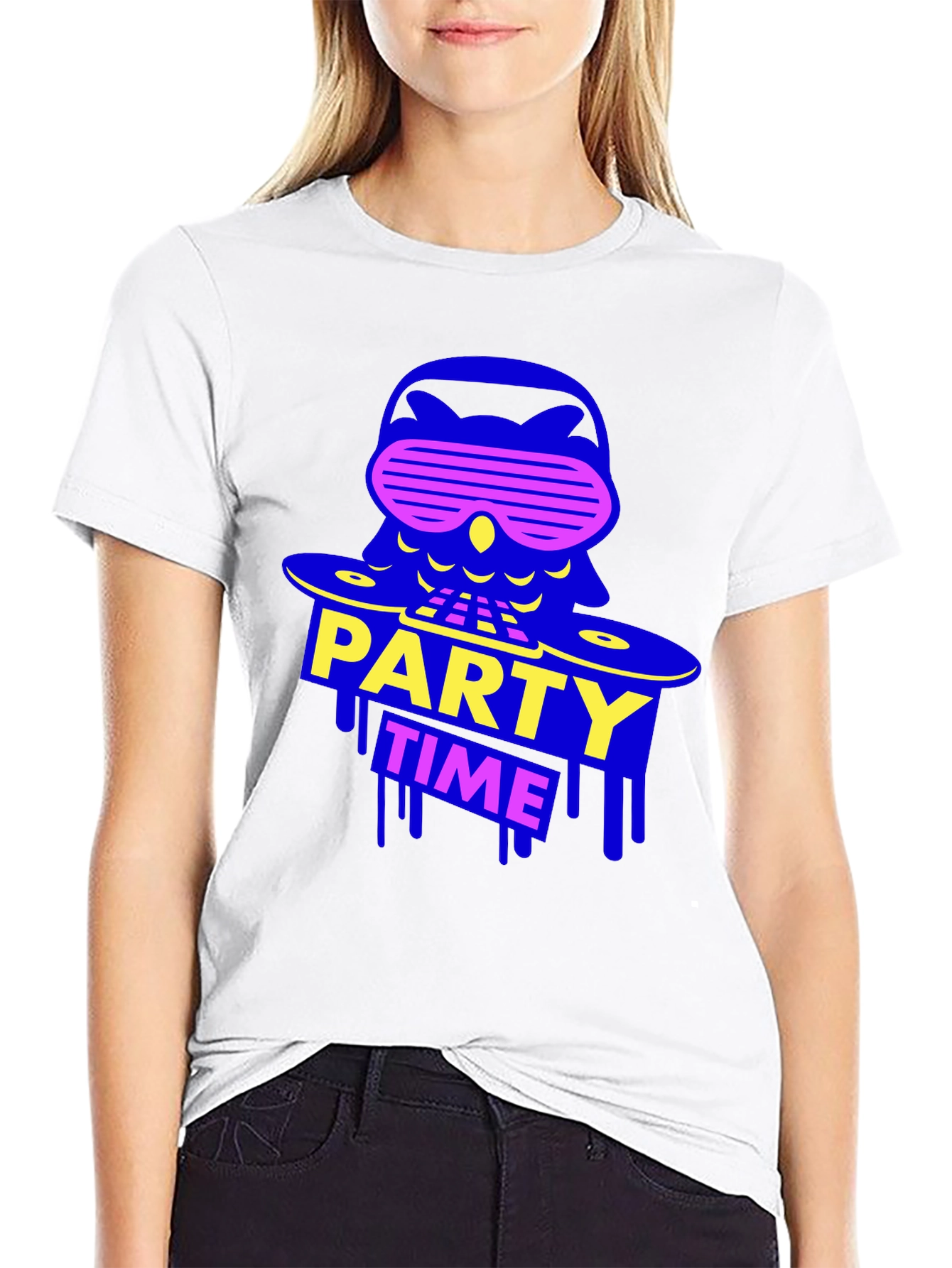 Party Time Owl Graphic Tee - Black Crew Neck