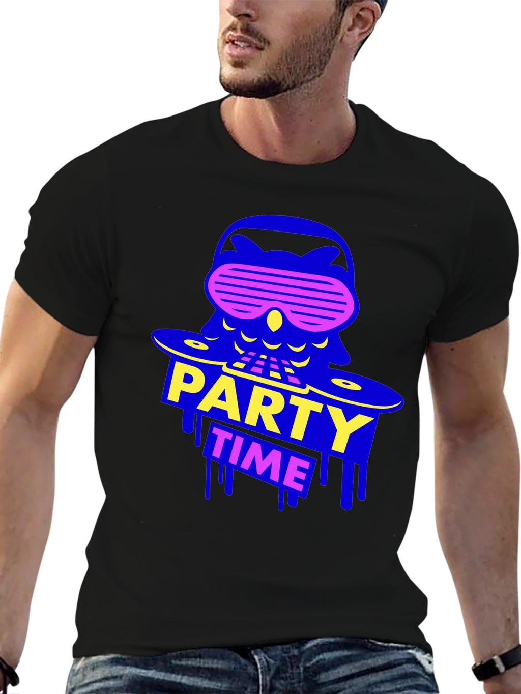 Party Time Owl Graphic Tee - Black Crew Neck