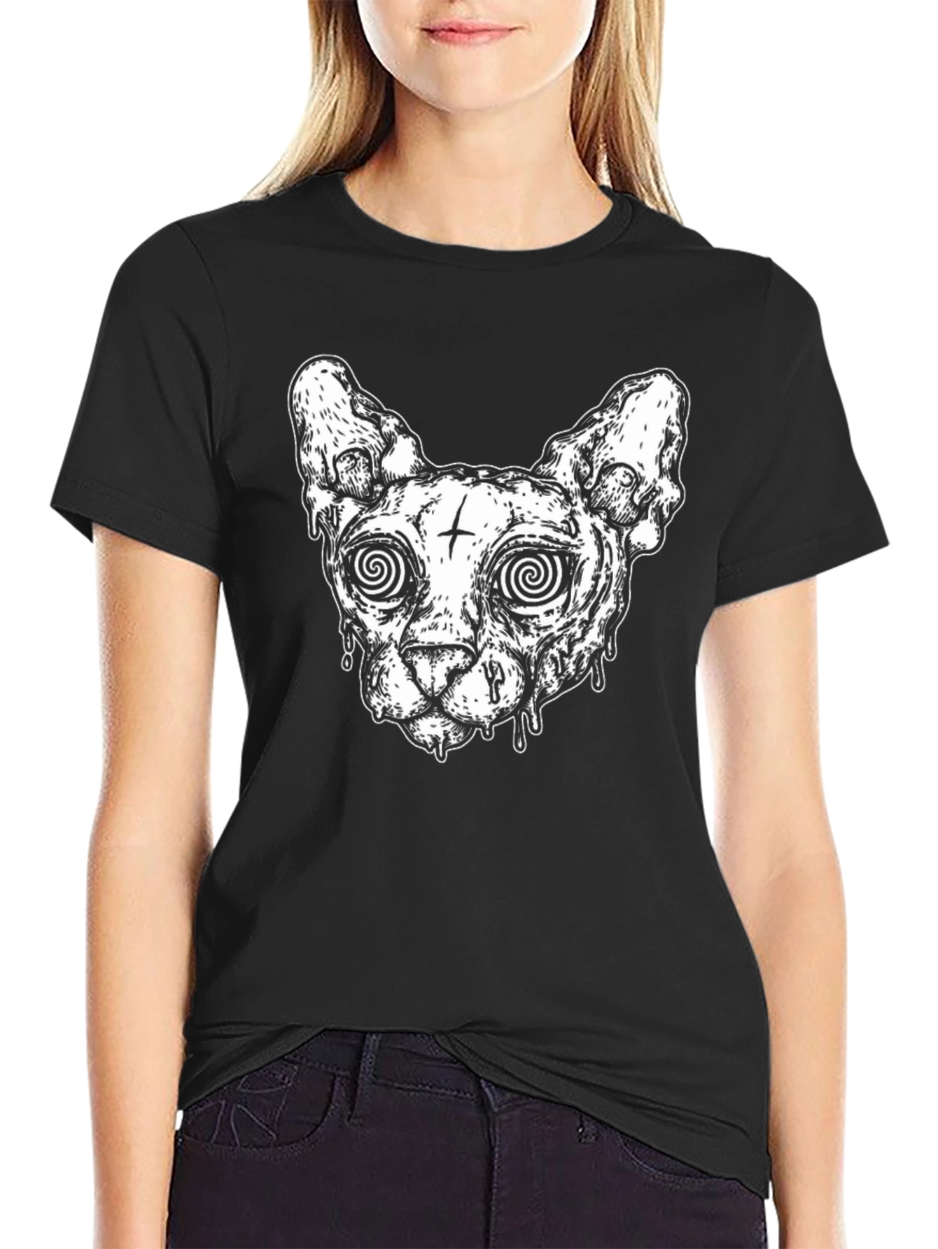 Hypnotic Cat Graphic Tee - Black Unisex T-Shirt
