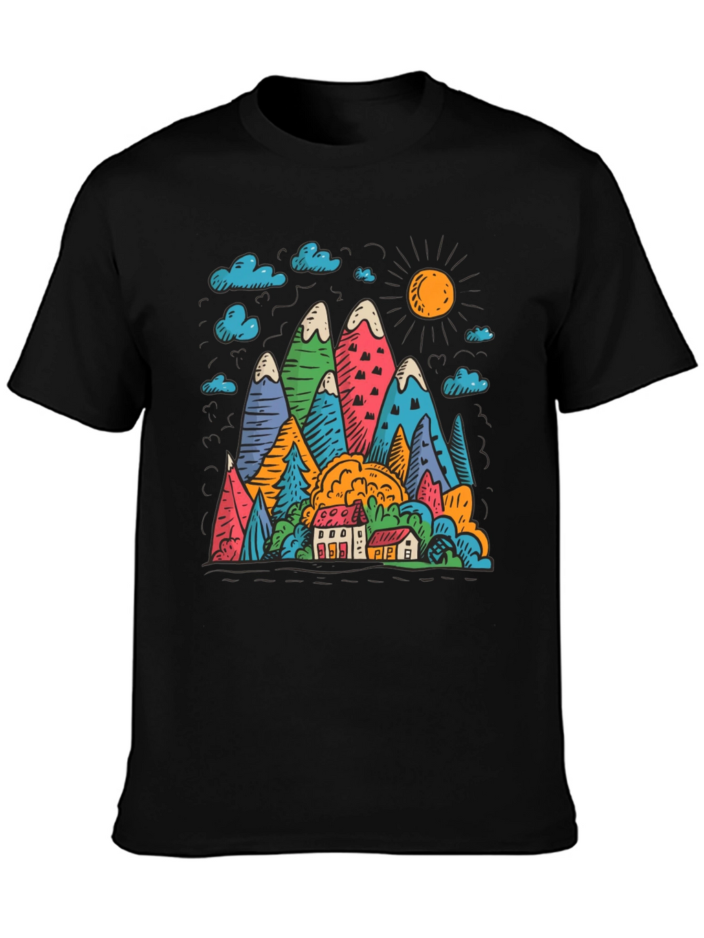 Mountain Scene Graphic Print Black T-Shirt