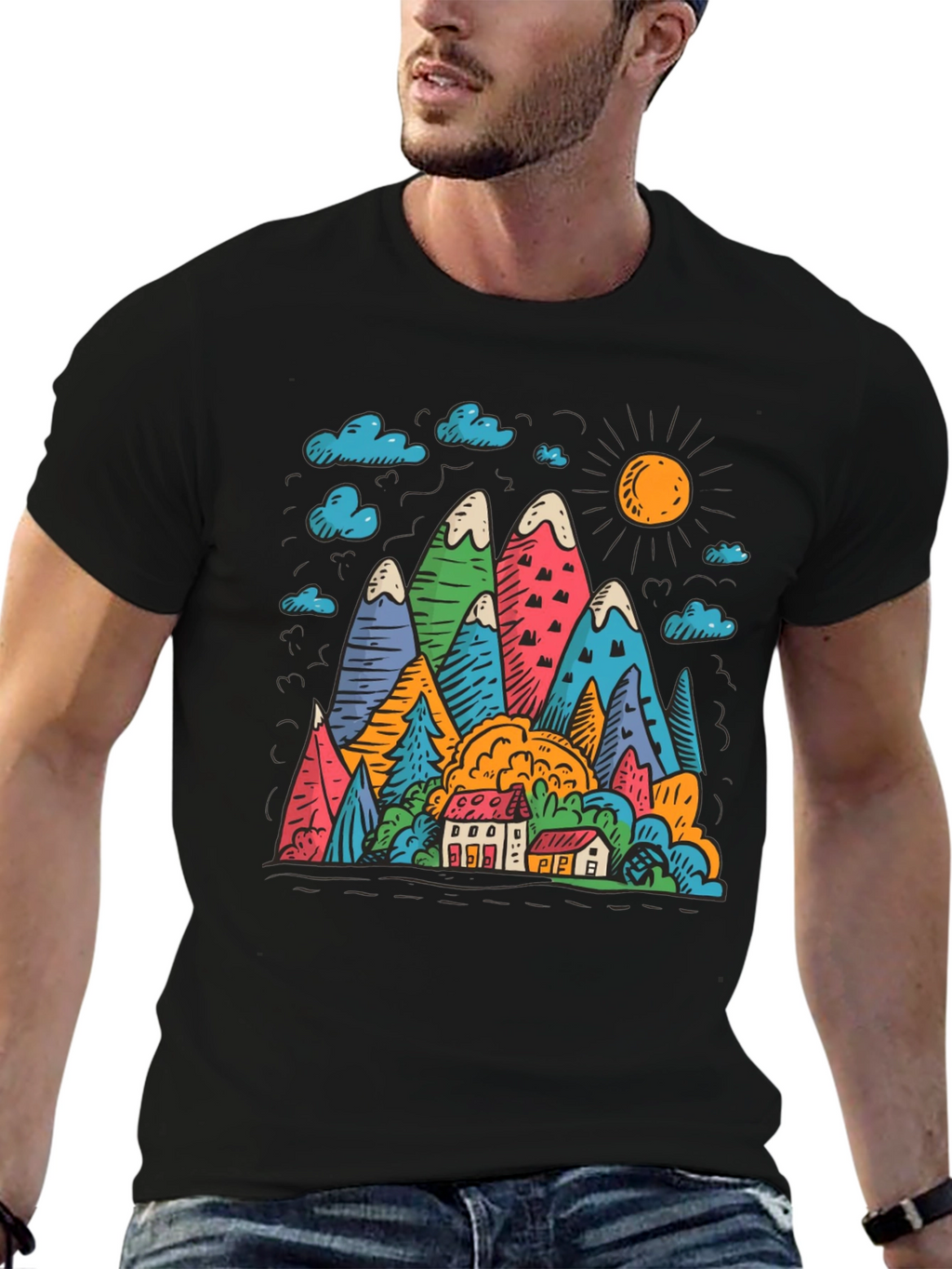 Mountain Scene Graphic Print Black T-Shirt