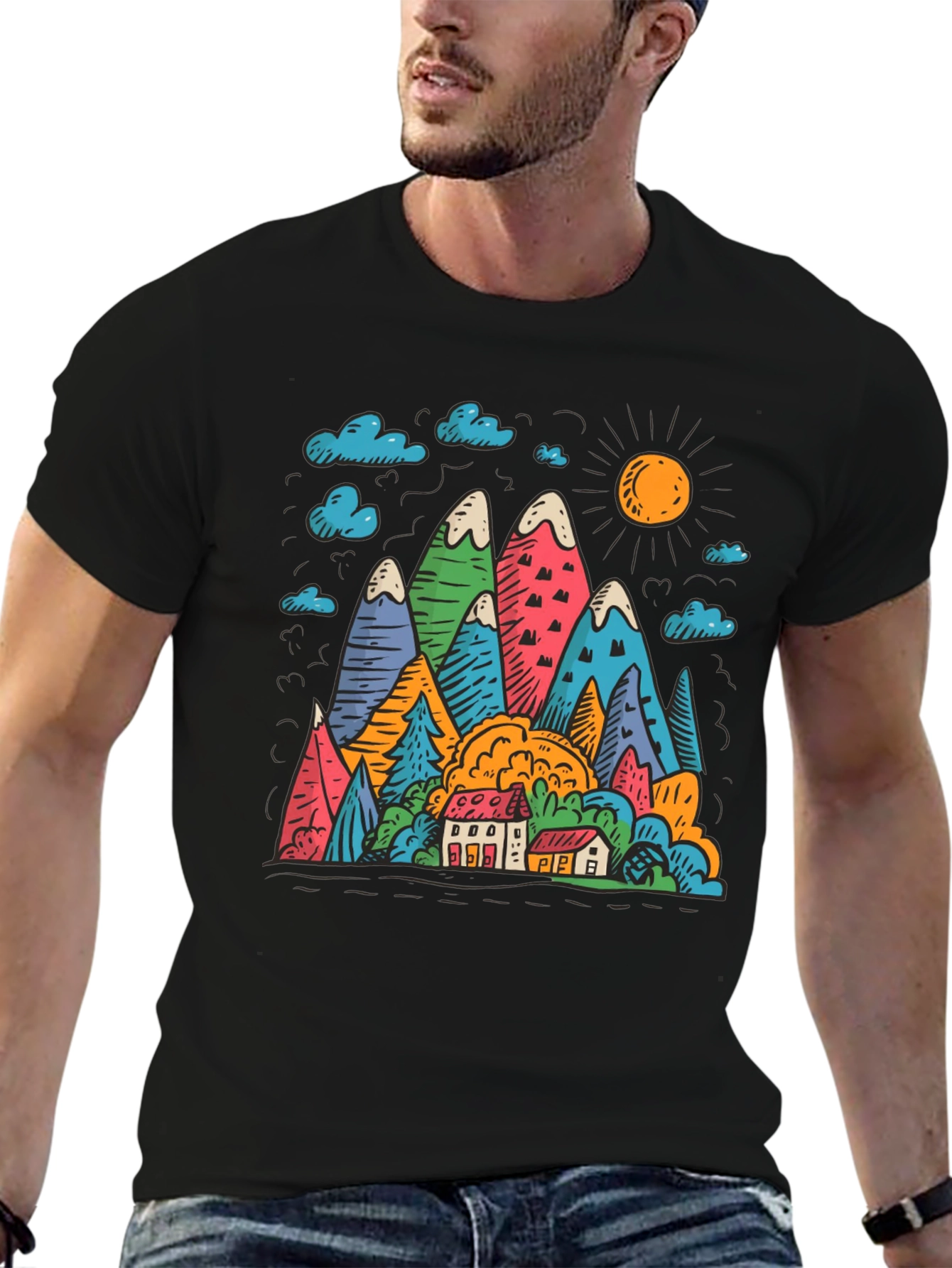 Mountain Scene Graphic Print Black T-Shirt