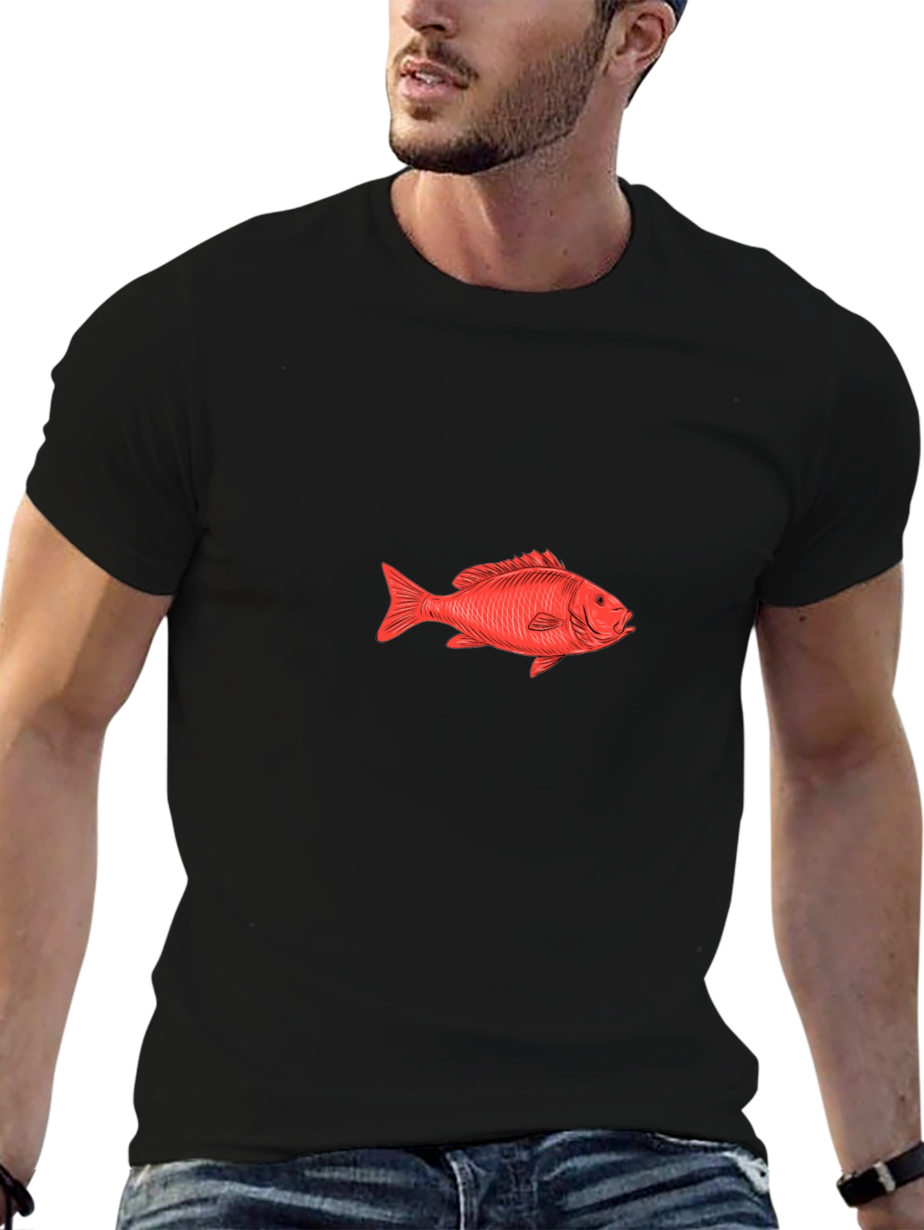 Red Fish Graphic Tee - Black Cotton T-Shirt