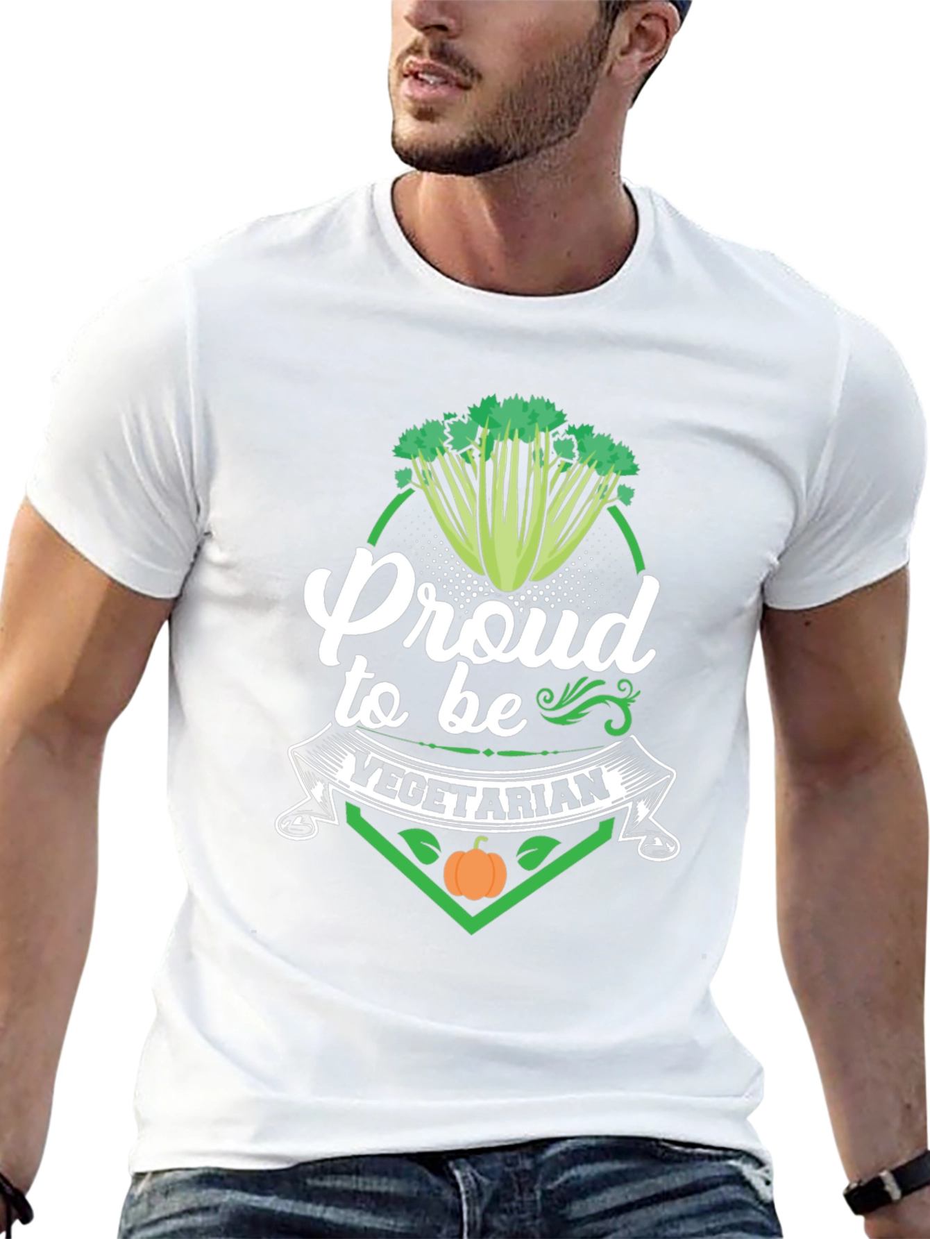 Proud to be Vegetarian T-Shirt - Celery & Pumpkin Design