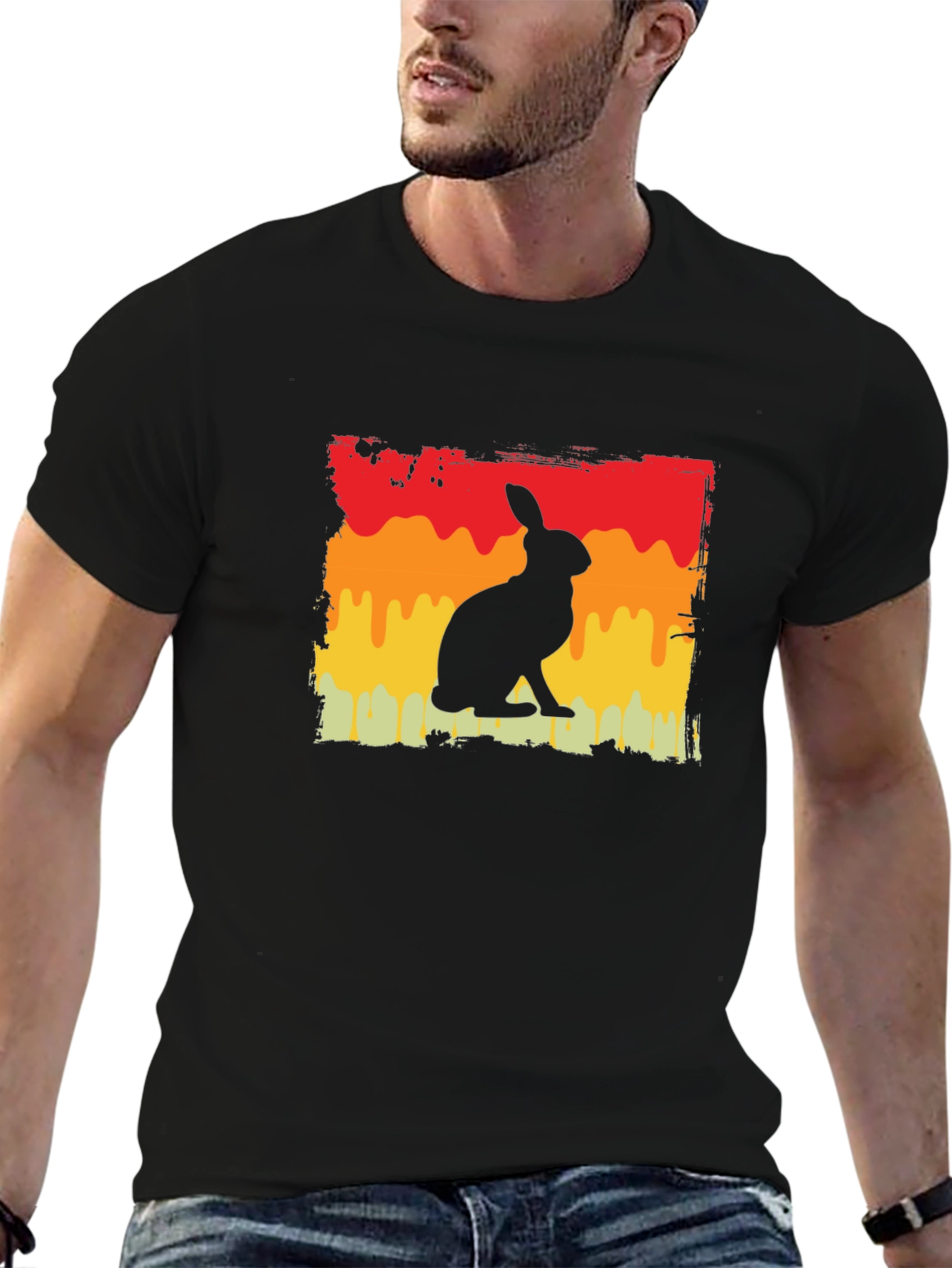 Retro Rabbit Graphic Tee - Black Cotton Blend T-Shirt