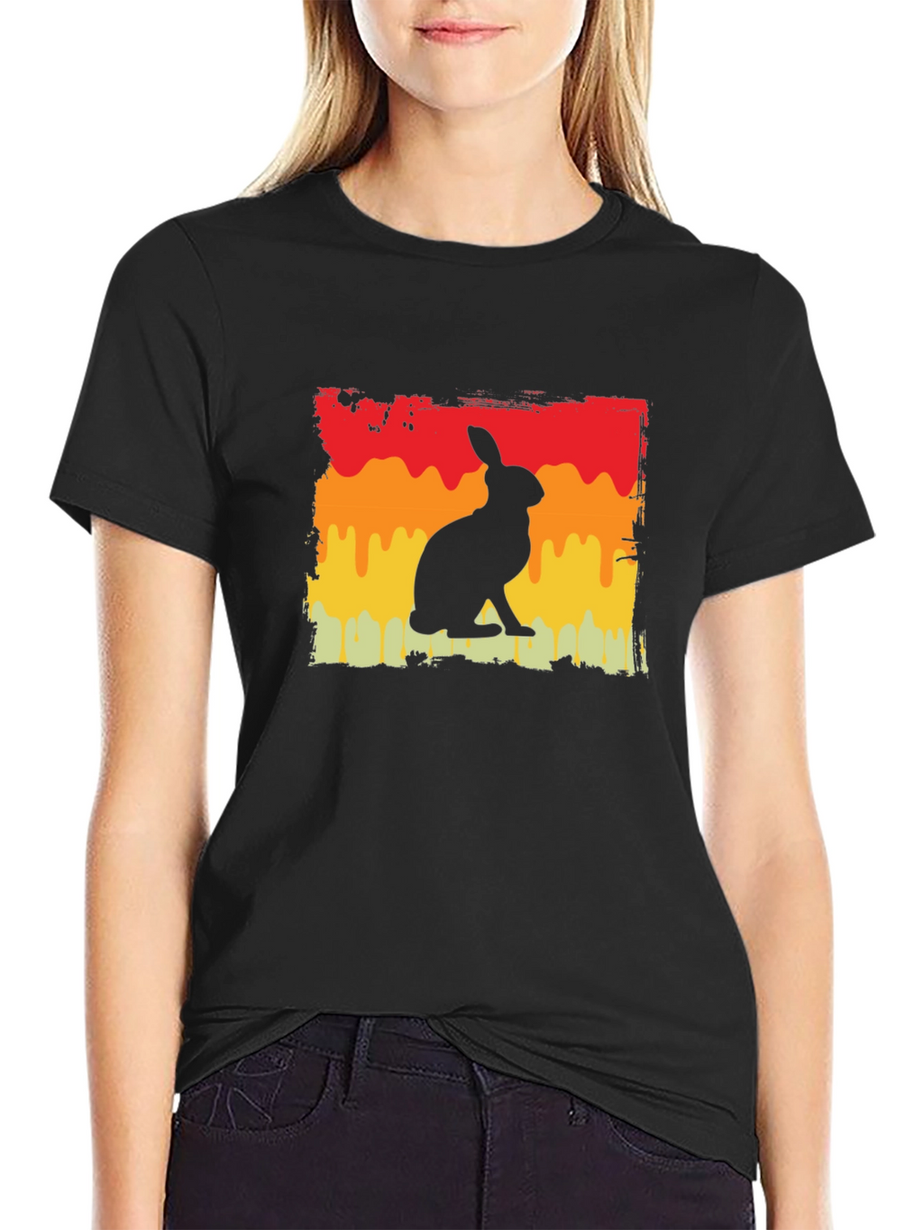 Retro Rabbit Graphic Tee - Black Cotton Blend T-Shirt