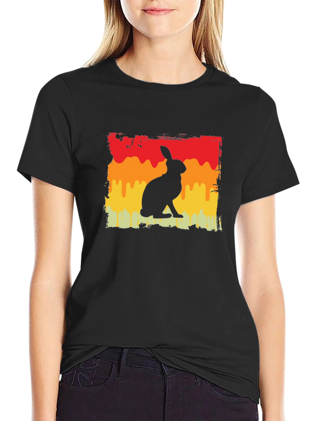 Retro Rabbit Graphic Tee - Black Cotton Blend T-Shirt