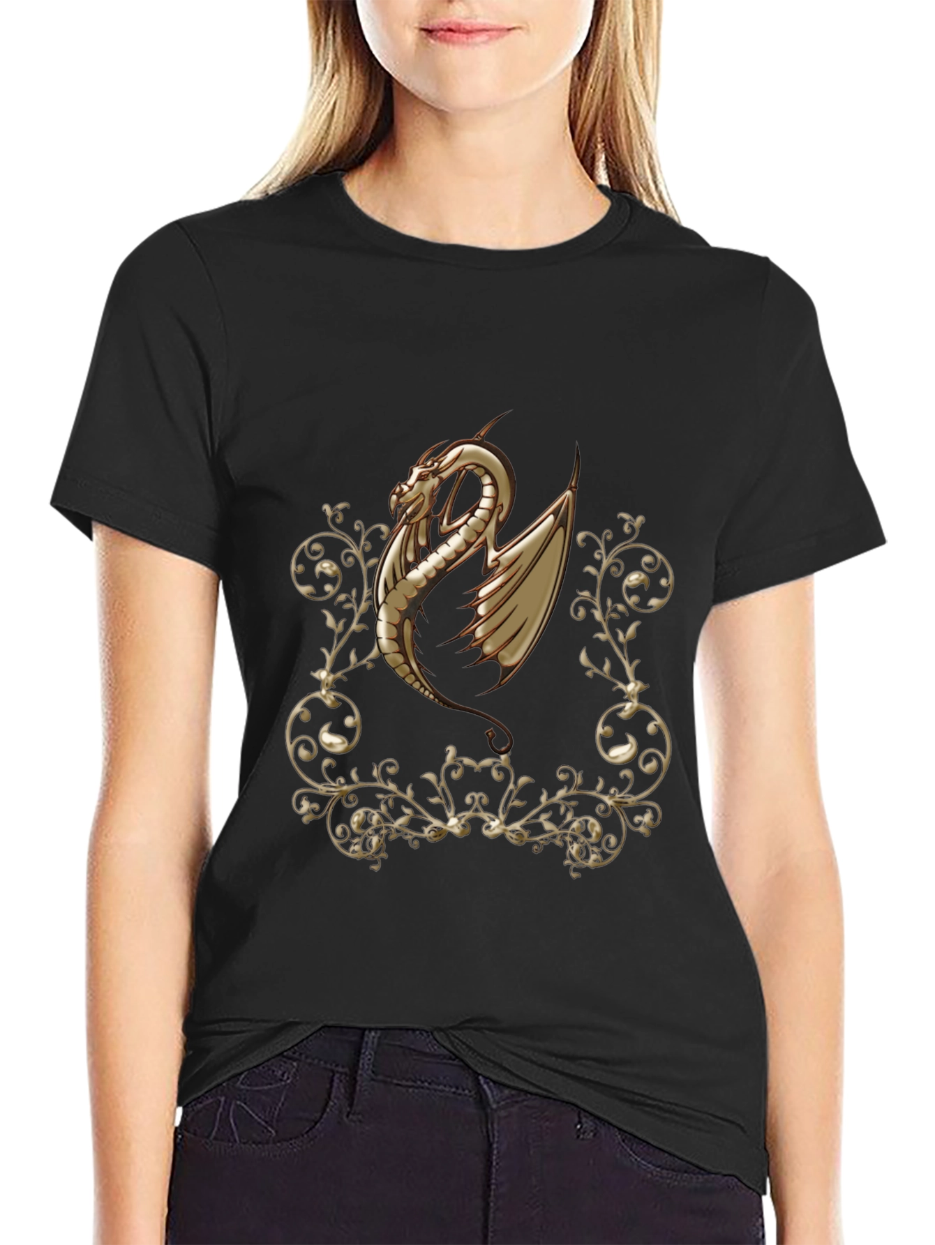 Dragon Scrollwork Graphic Black T-Shirt