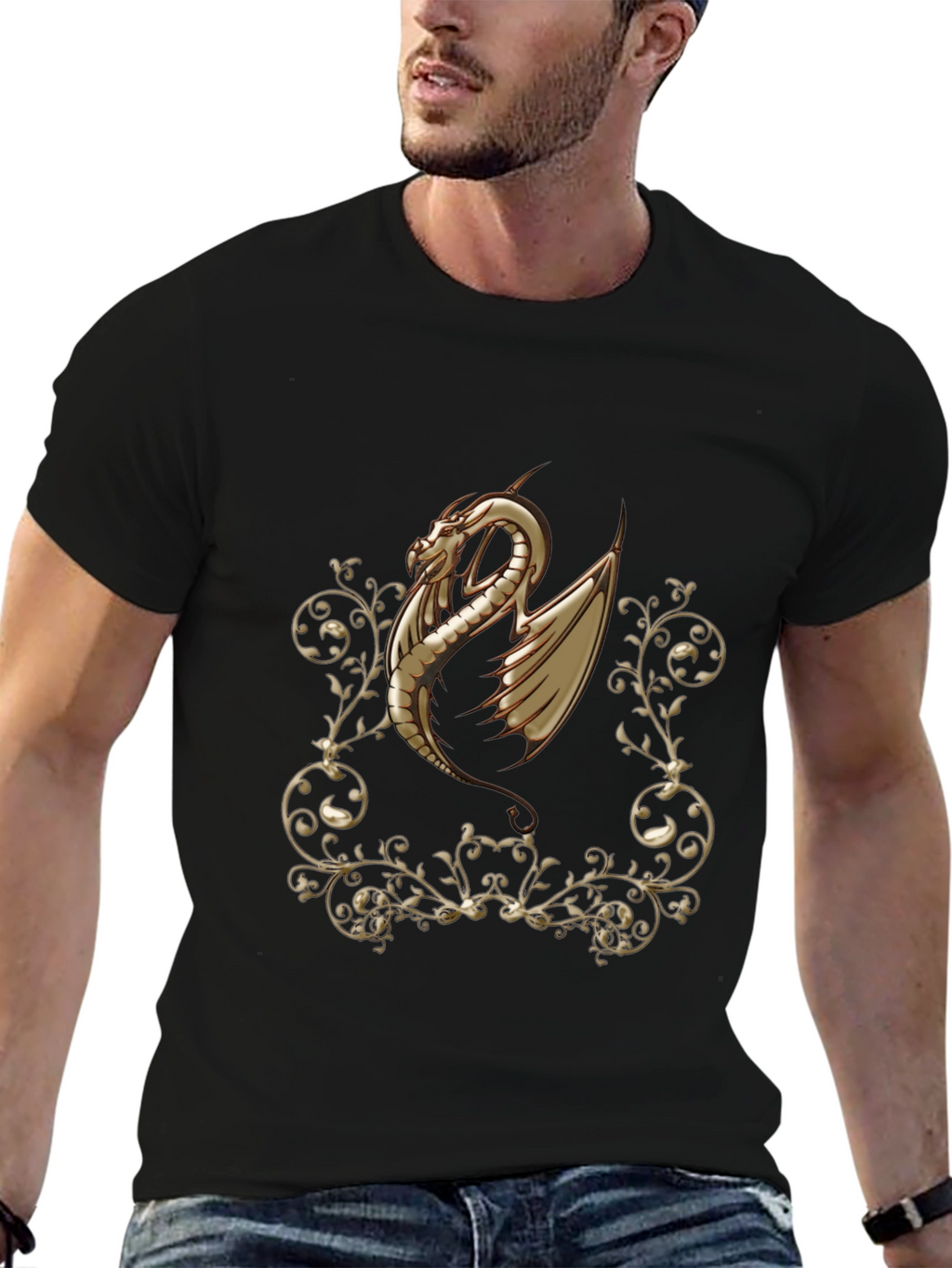Dragon Scrollwork Graphic Black T-Shirt