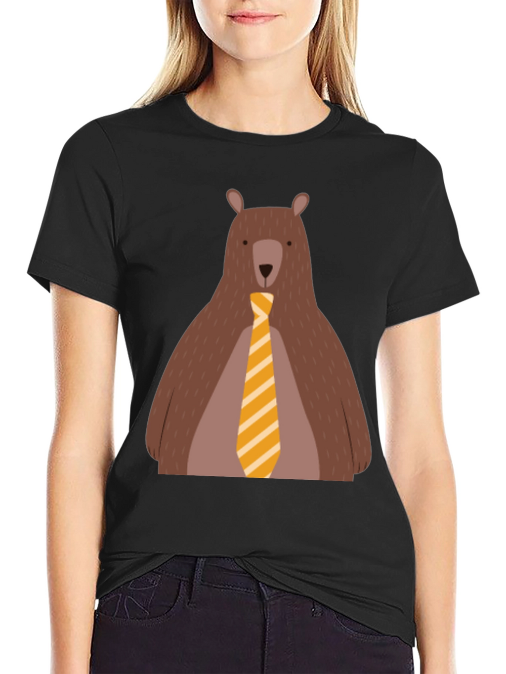 Bear with Tie Graphic Tee - Black Cotton T-Shirt