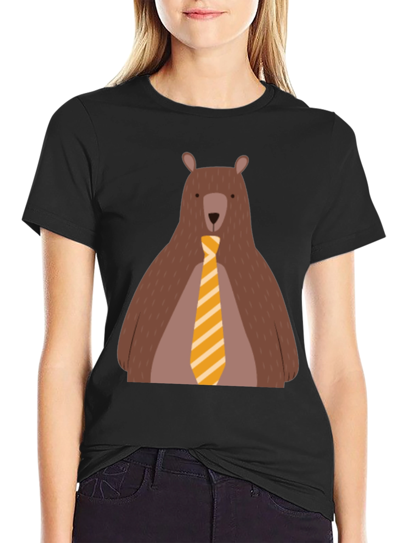 Bear with Tie Graphic Tee - Black Cotton T-Shirt
