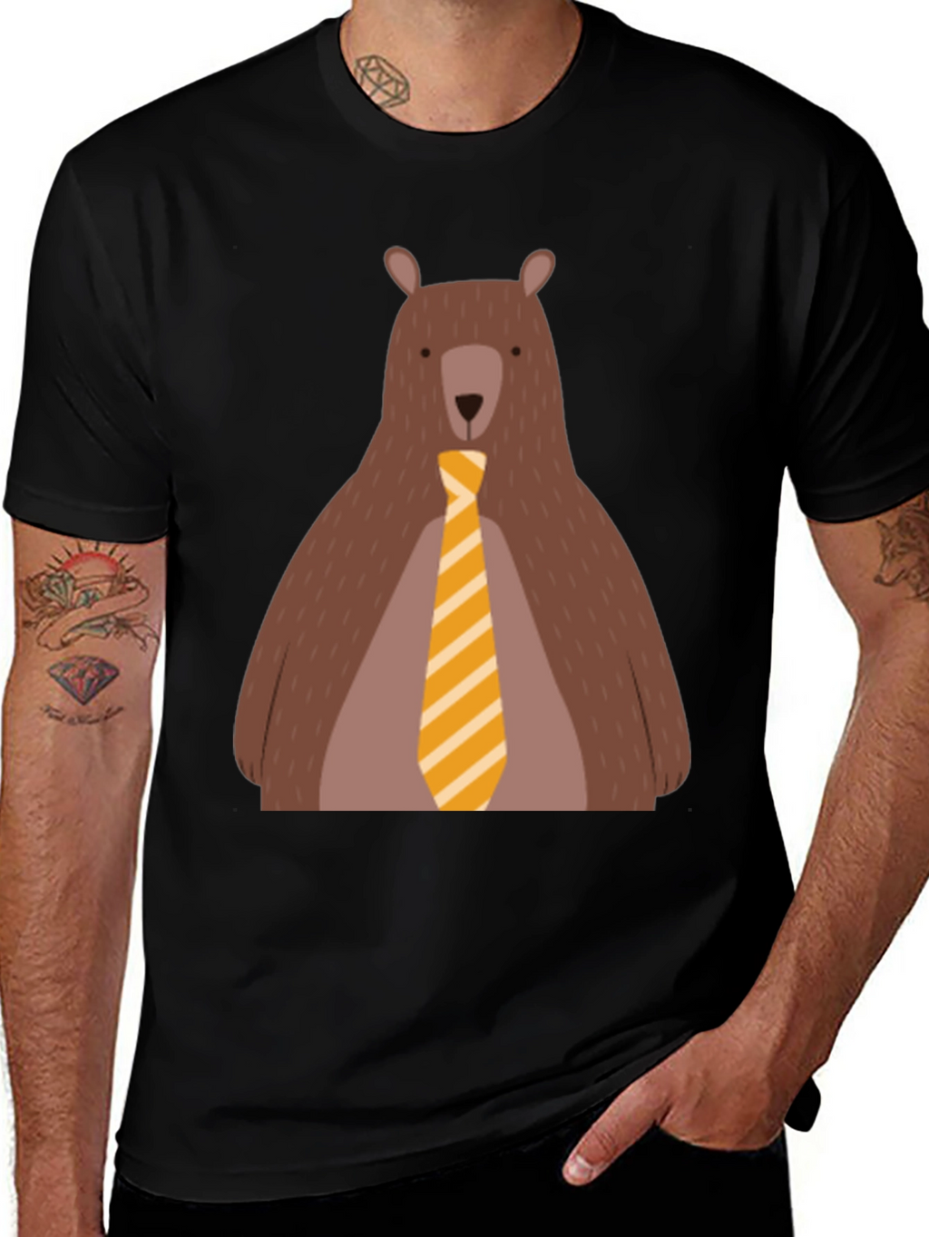 Bear with Tie Graphic Tee - Black Cotton T-Shirt