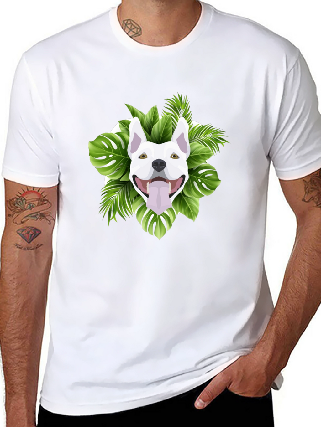 Tropical Dog Graphic Tee - Black Cotton T-Shirt