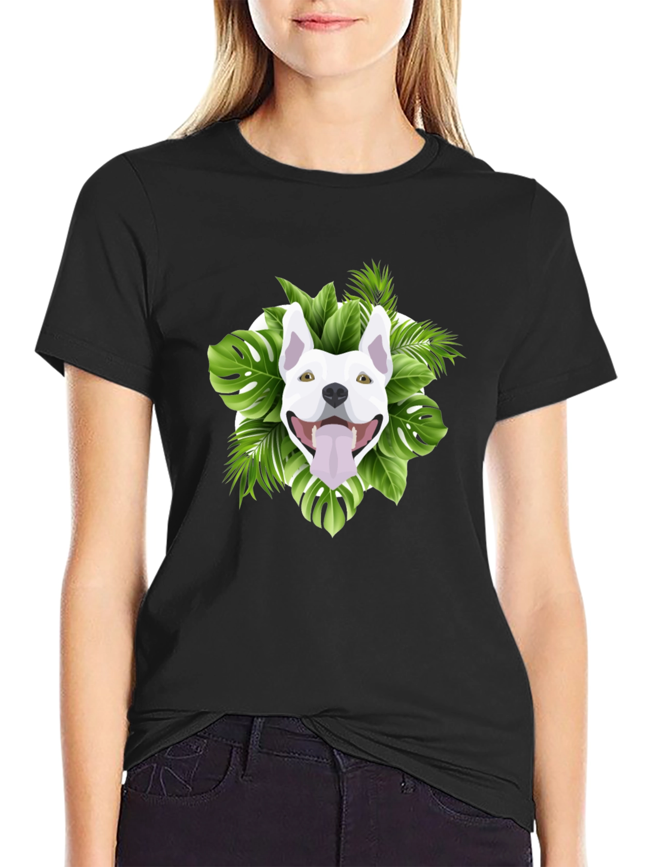 Tropical Dog Graphic Tee - Black Cotton T-Shirt