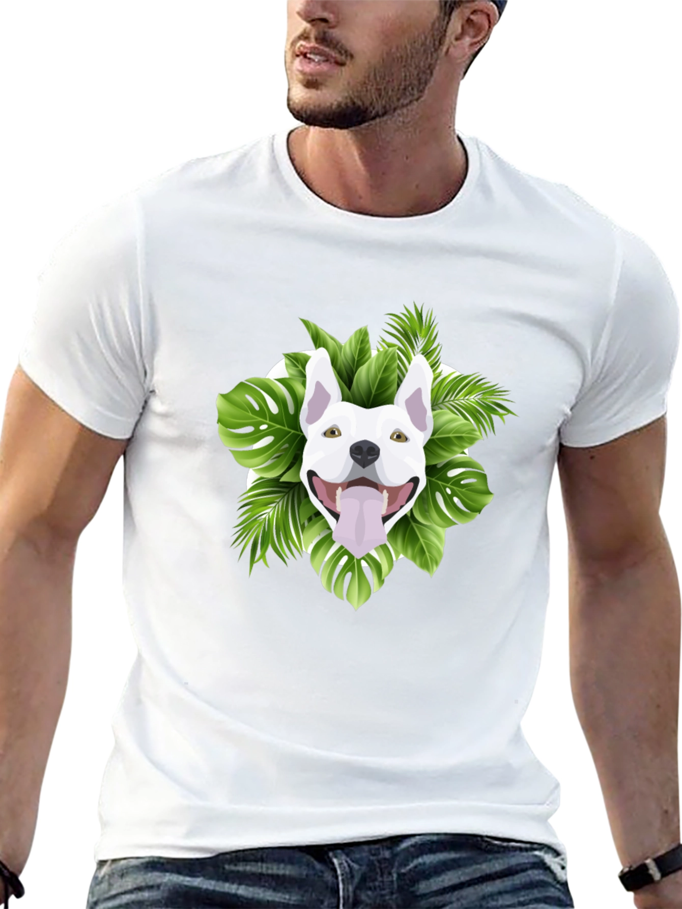 Tropical Dog Graphic Tee - Black Cotton T-Shirt