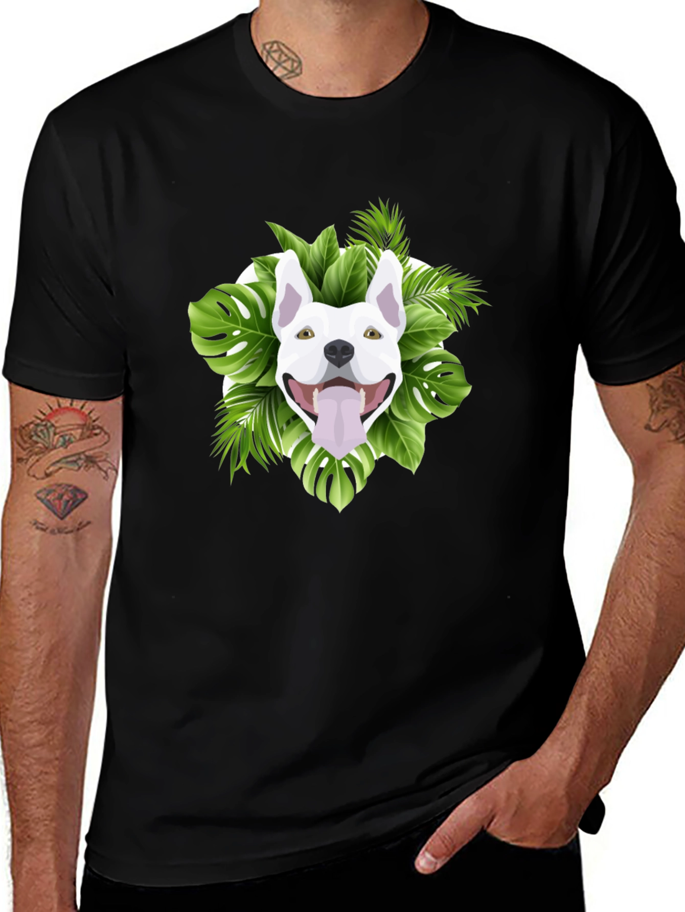 Tropical Dog Graphic Tee - Black Cotton T-Shirt