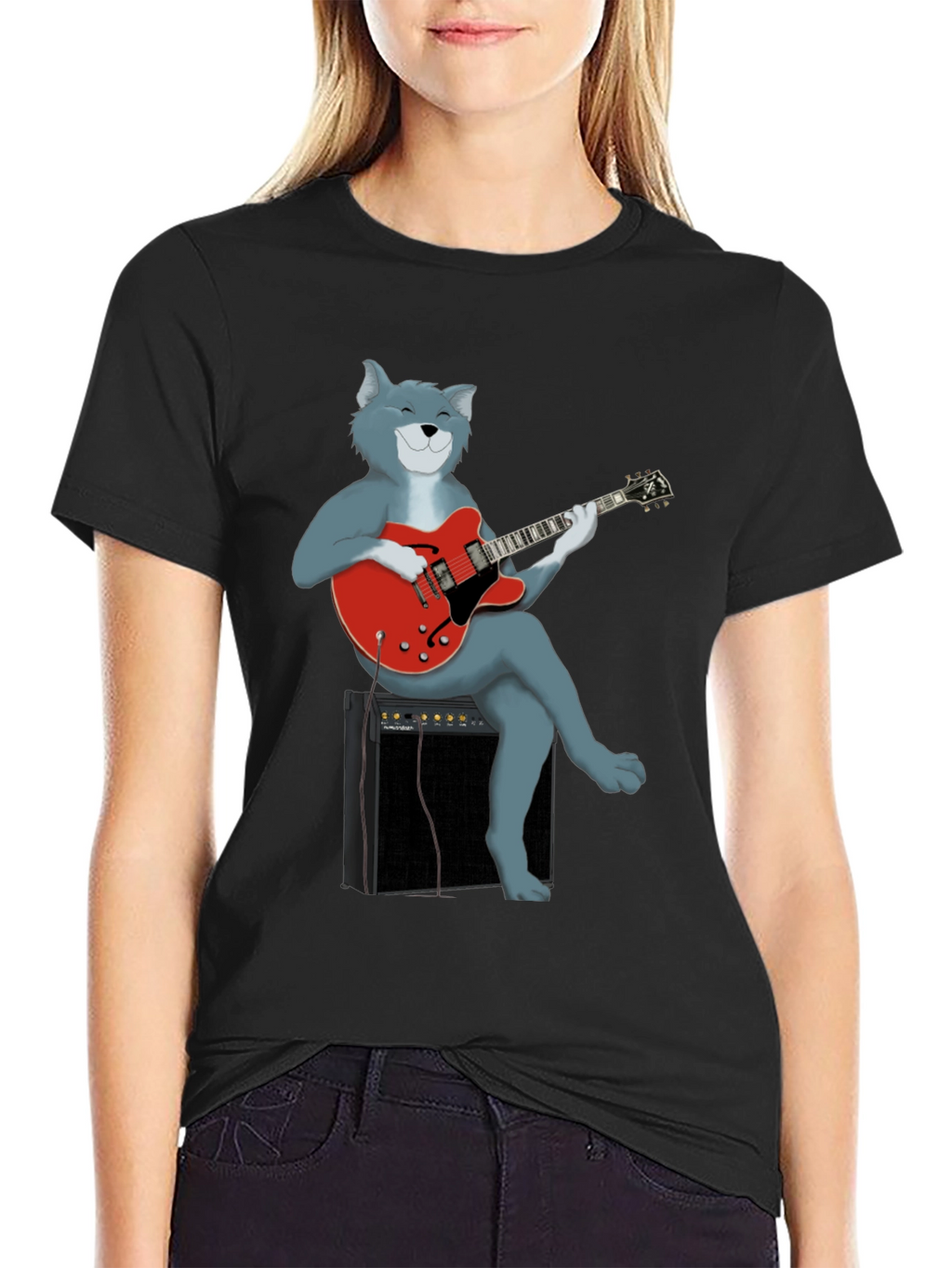 Cat Guitarist Graphic Tee - Black Cotton Shirt
