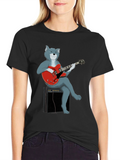 Cat Guitarist Graphic Tee - Black Cotton Shirt