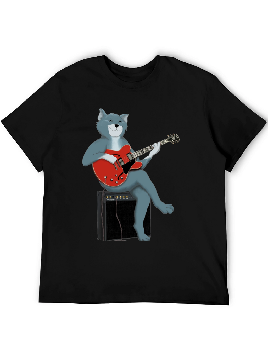Cat Guitarist Graphic Tee - Black Cotton Shirt