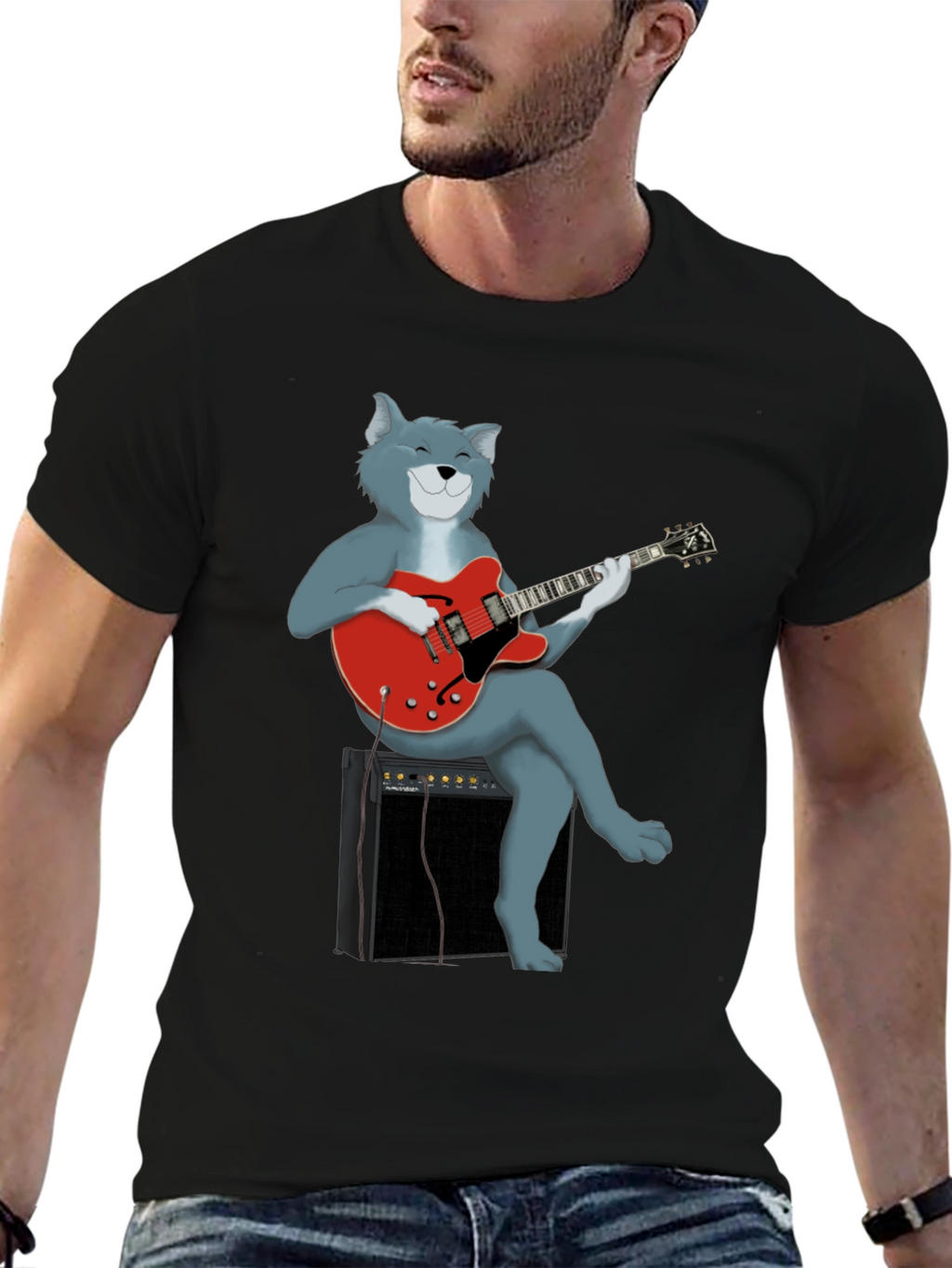 Cat Guitarist Graphic Tee - Black Cotton Shirt