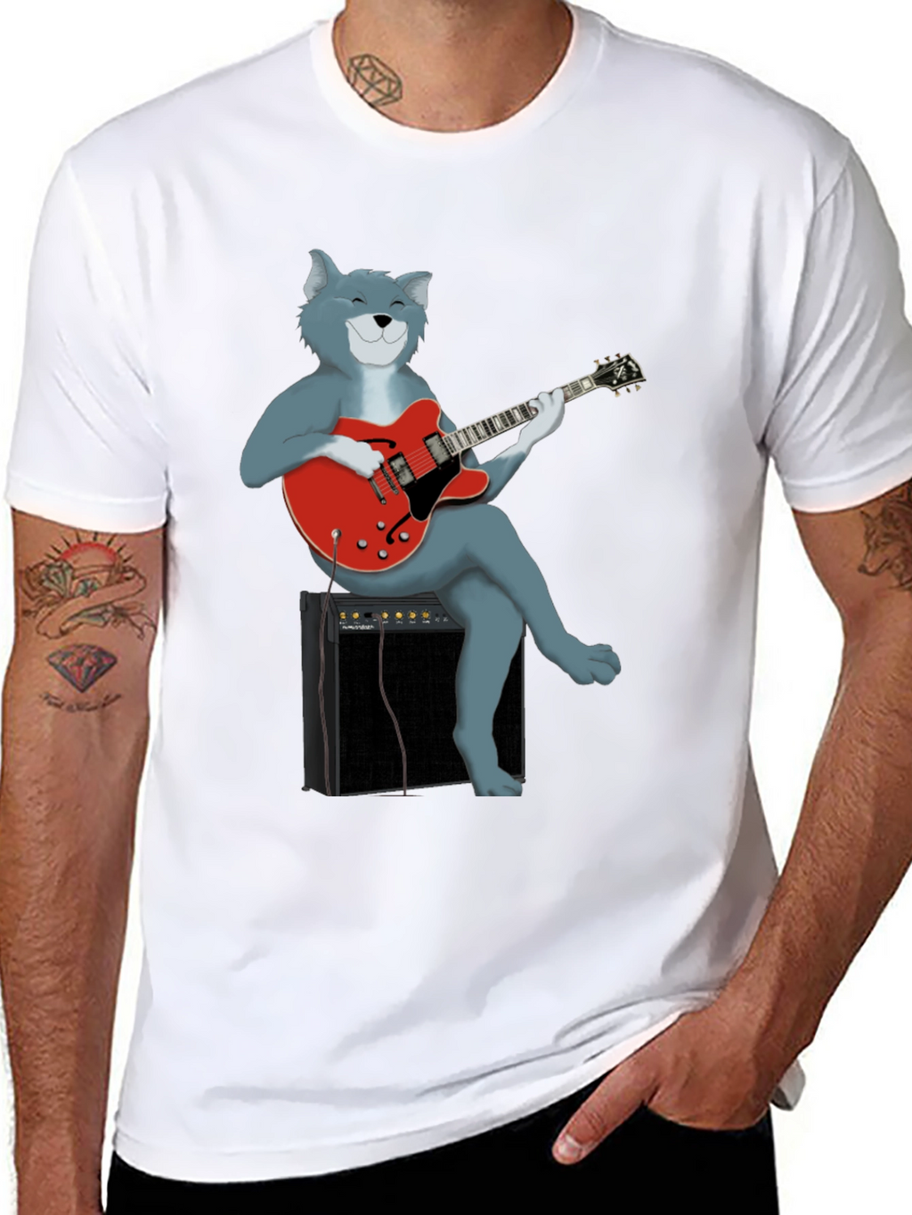 Cat Guitarist Graphic Tee - Black Cotton Shirt