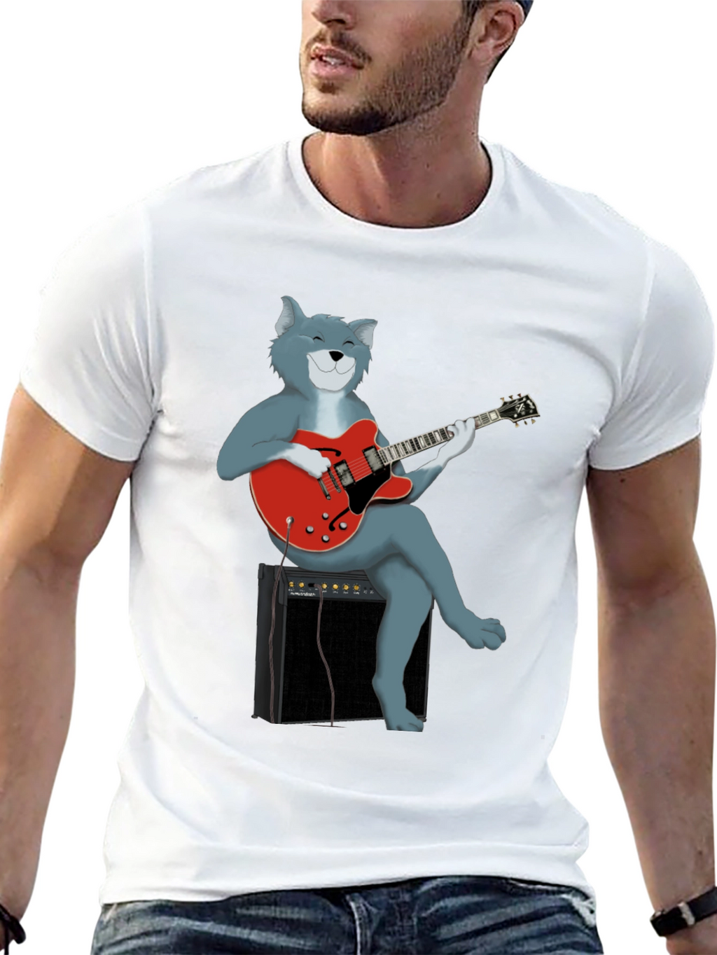 Cat Guitarist Graphic Tee - Black Cotton Shirt