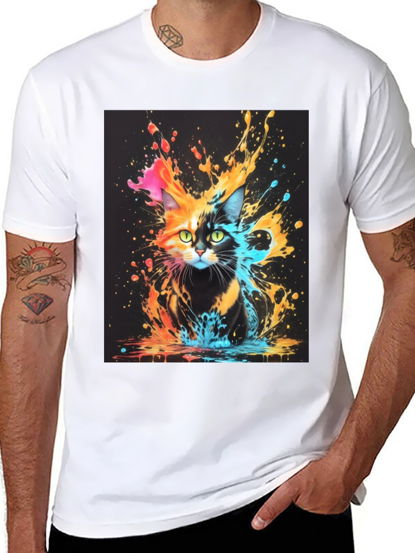 Cat Splash Art Black T-Shirt