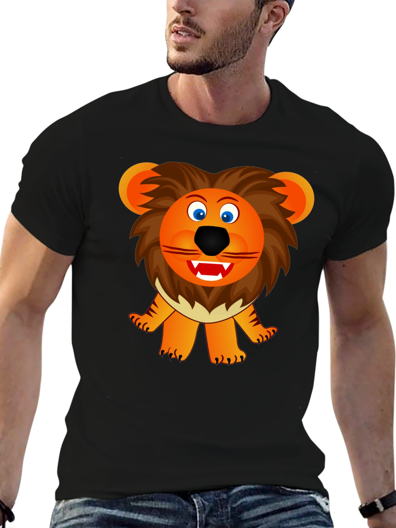 Cartoon Lion Graphic Tee - Black Unisex T-Shirt