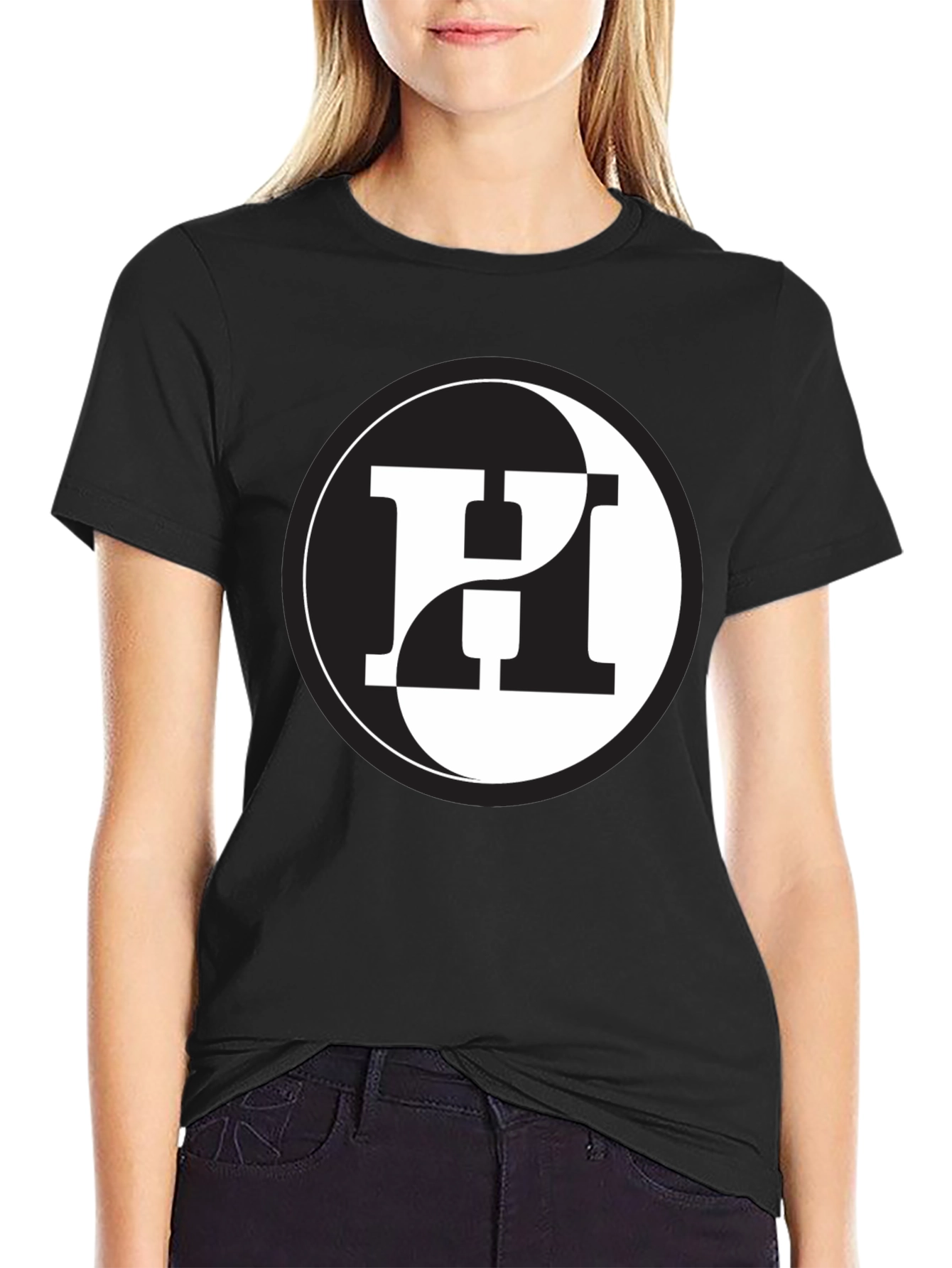 Yin Yang H Letter Graphic Black T-Shirt