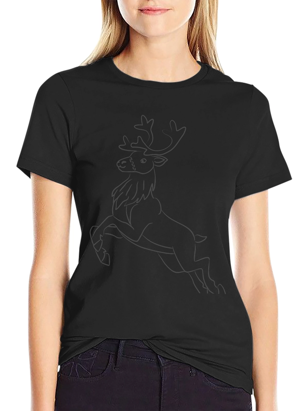 Black Tee with Reindeer Outline Design