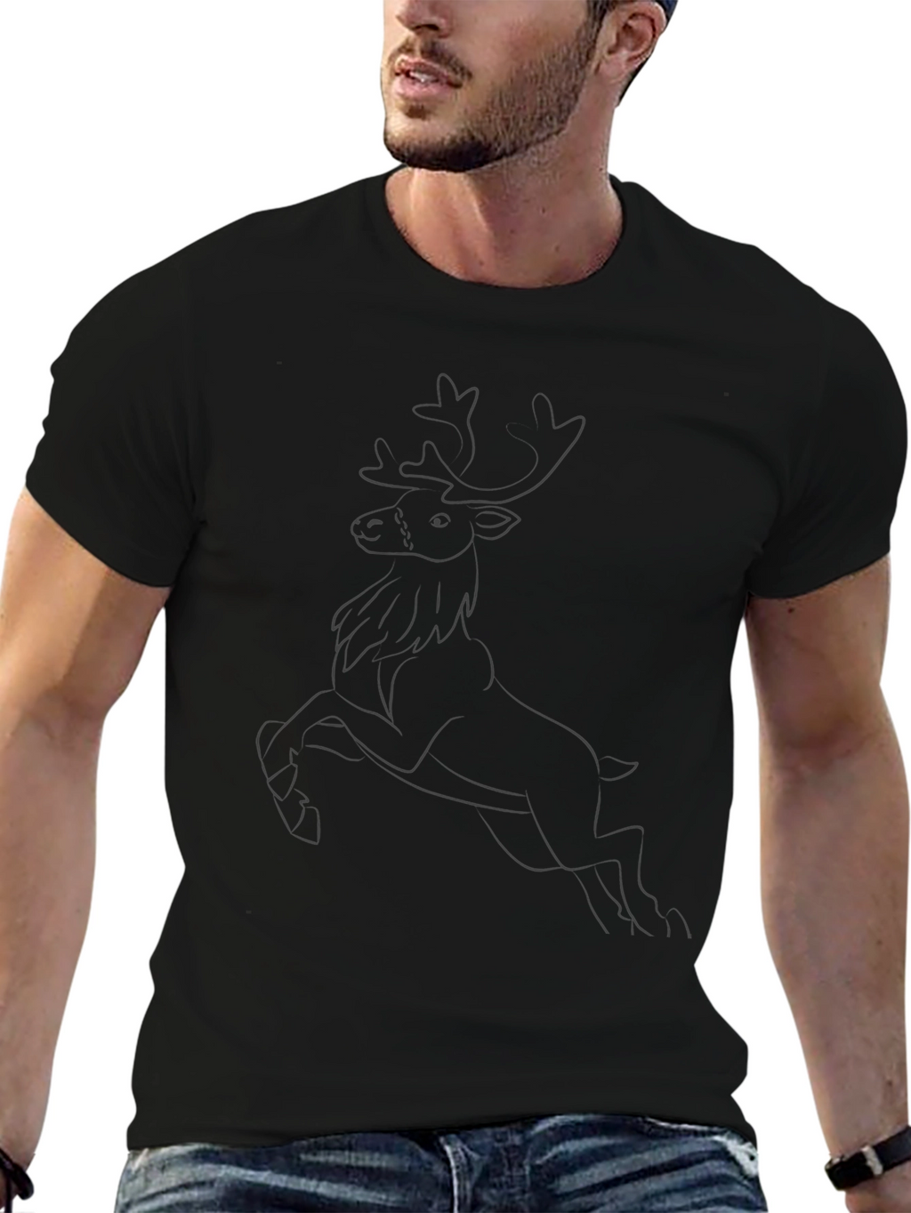 Black Tee with Reindeer Outline Design