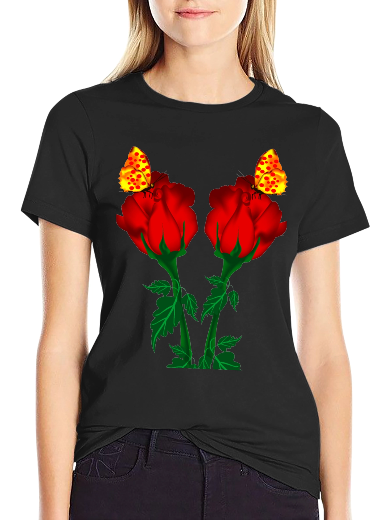 Rose & Butterfly Black Graphic Tee