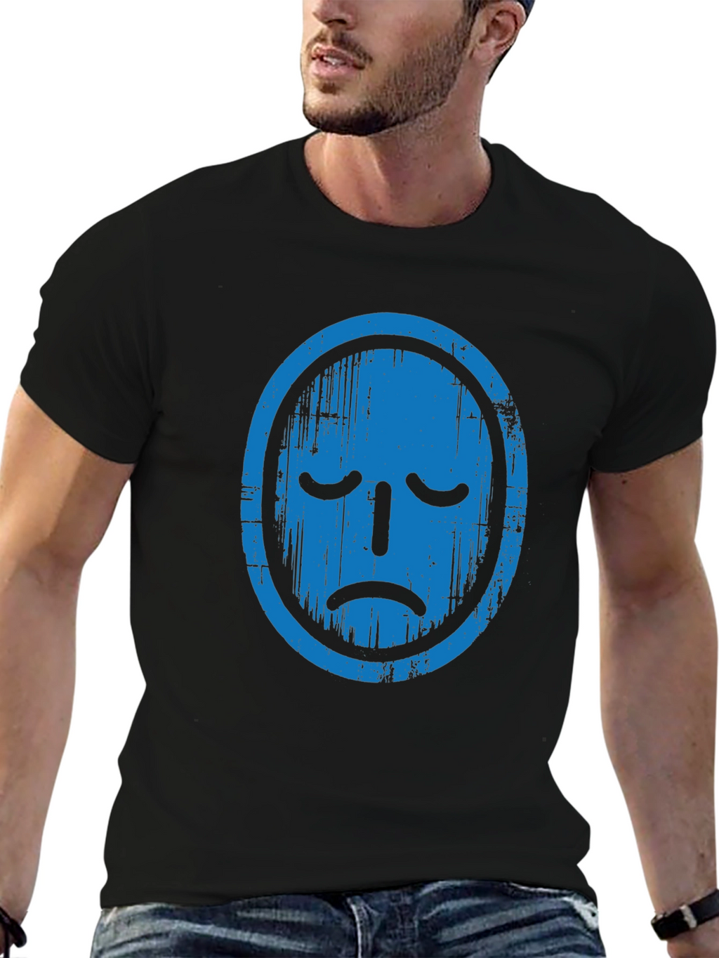 Distressed Blue Face Graphic Black T-Shirt