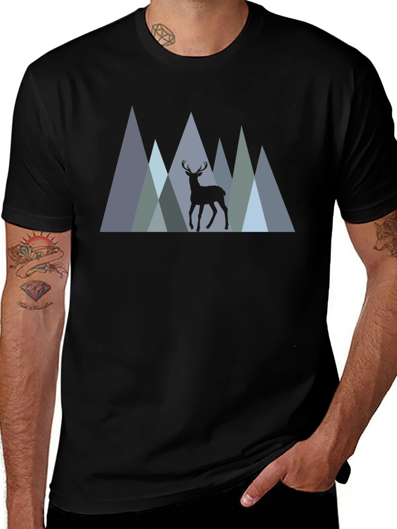 Mens Black T-Shirt Deer Mountain Graphic Tee