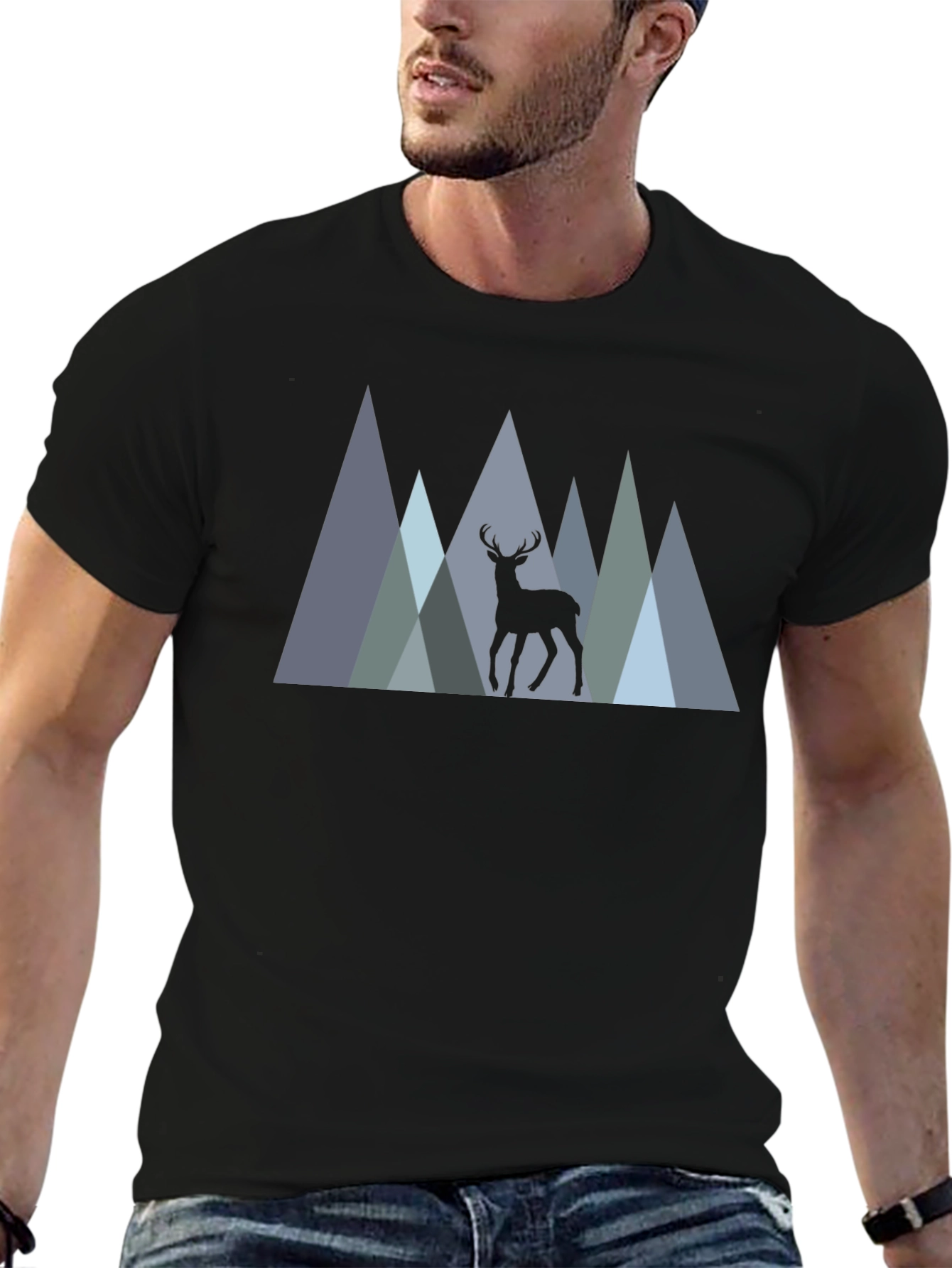 Mens Black T-Shirt Deer Mountain Graphic Tee