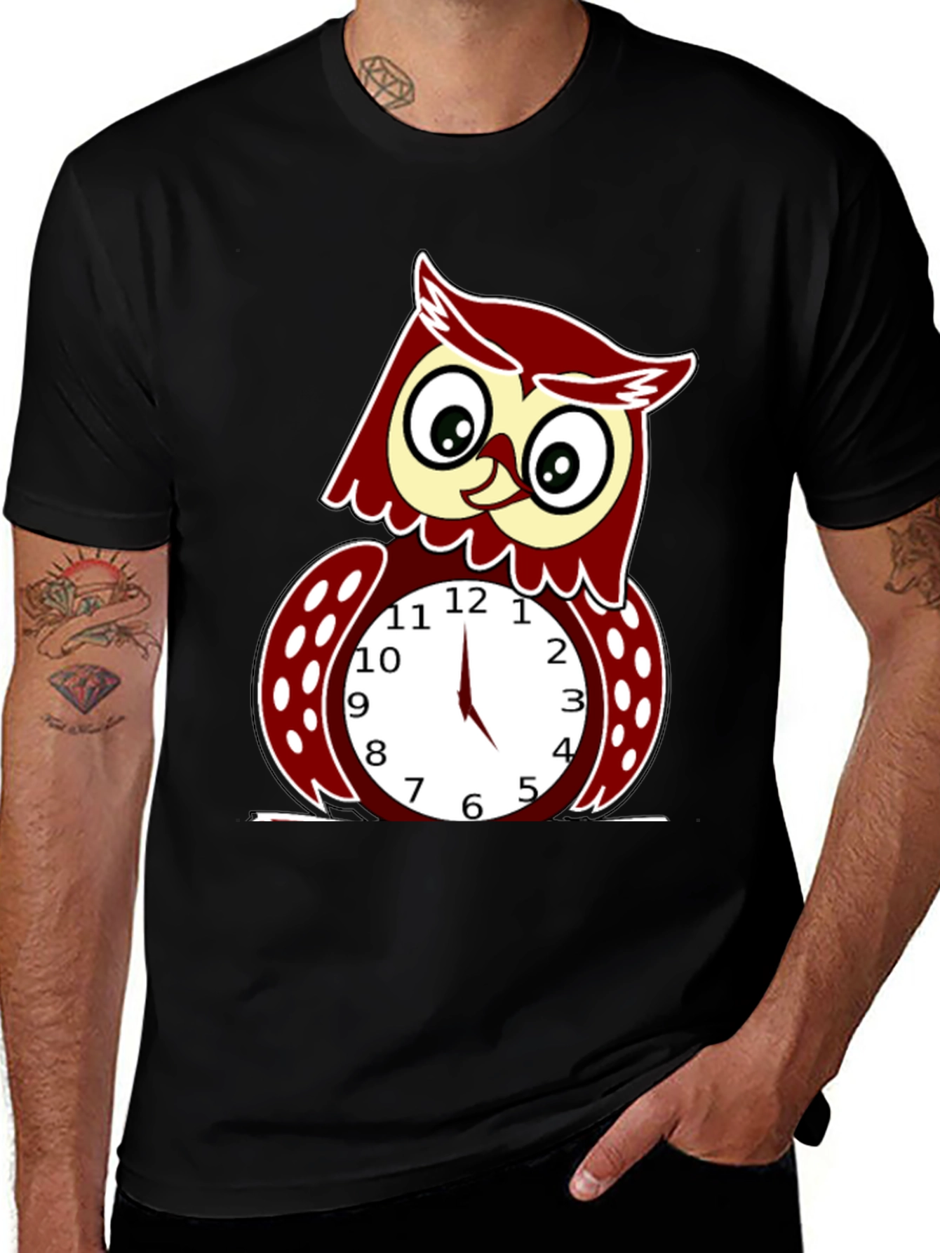 Funny Owl Clock Graphic T-Shirt - Mens