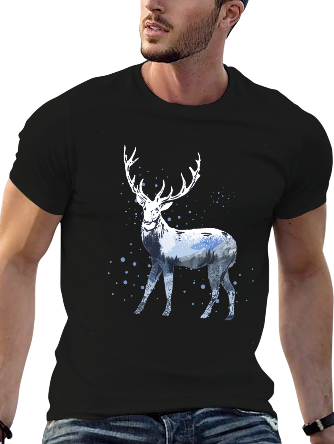 Winter Stag Graphic Tee - Black Cotton Blend