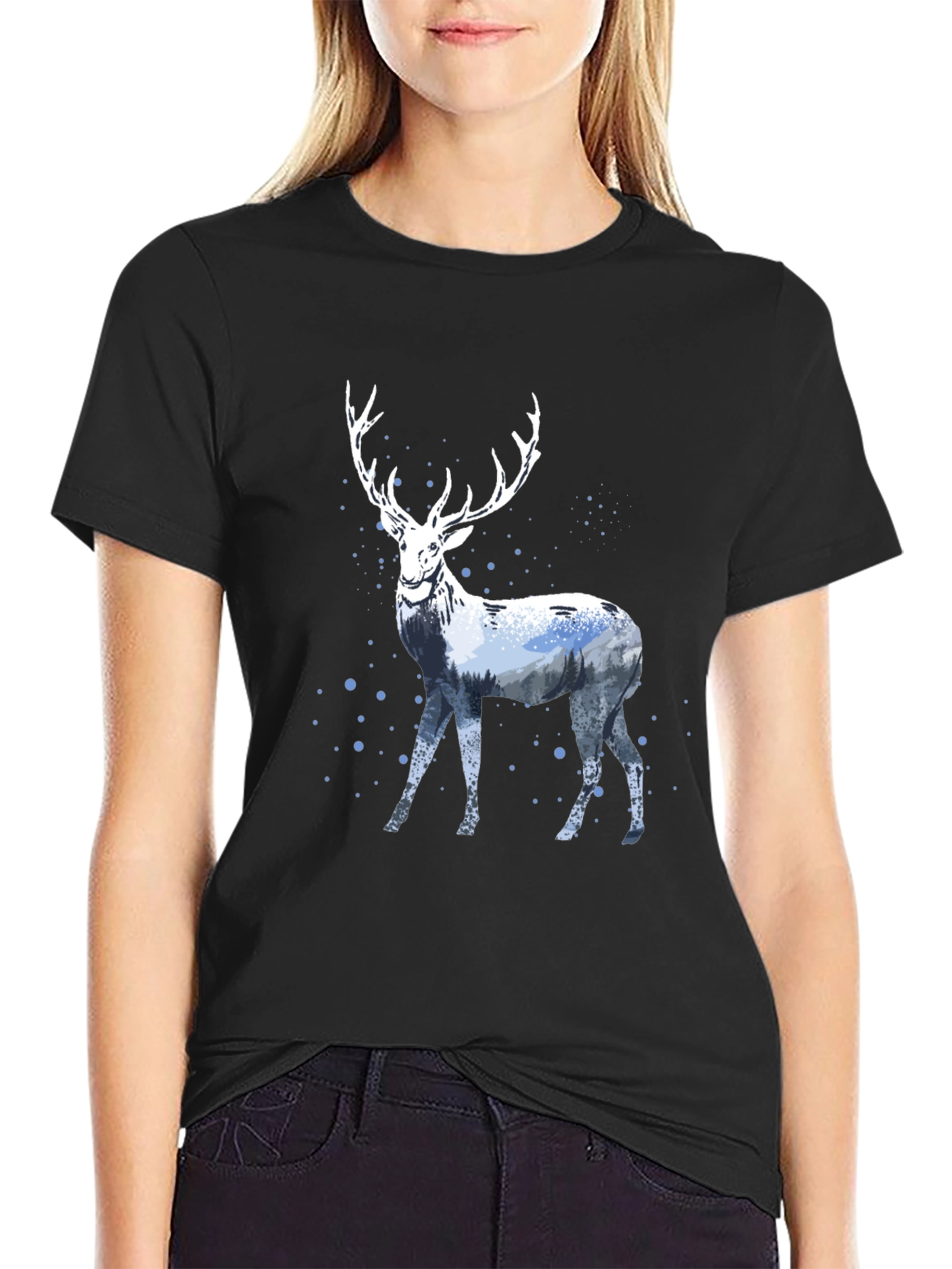 Winter Stag Graphic Tee - Black Cotton Blend