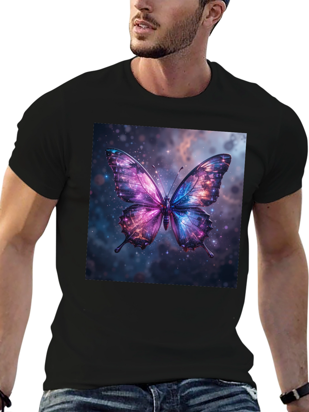 Galaxy Butterfly Graphic Print Black T-Shirt